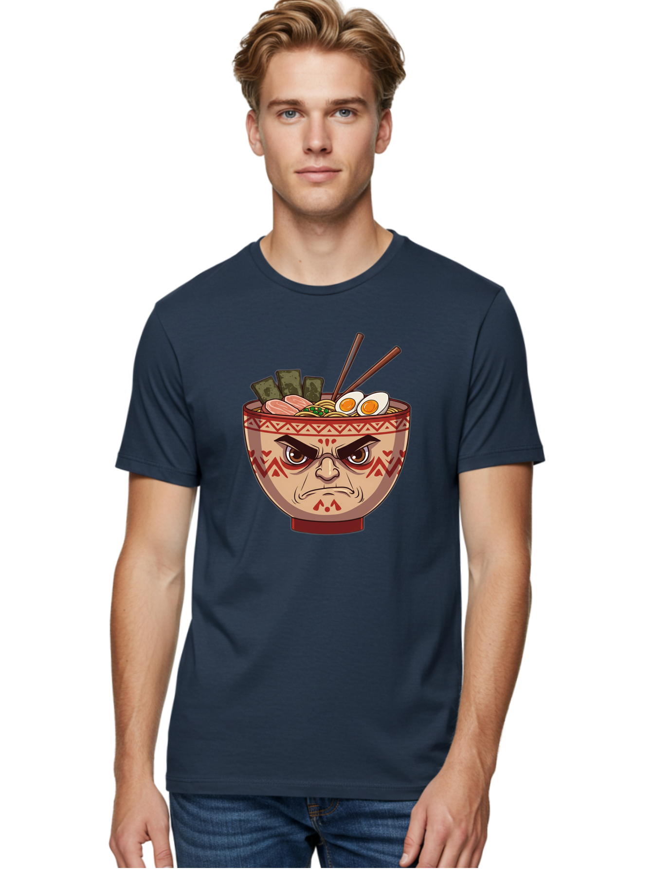 Angry-Ramen Men'S Graphic Tee, 100% Cotton, Comfortable Casual Summer Wear, Machine Washable, Angry Ramen Bowl, Angry Face, Ramen Noodles, Boiled Egg, Seaweed, Chopsticks, Kawaii, Cartoon Character, Ramen Toppings, Angry Eyes Baa134