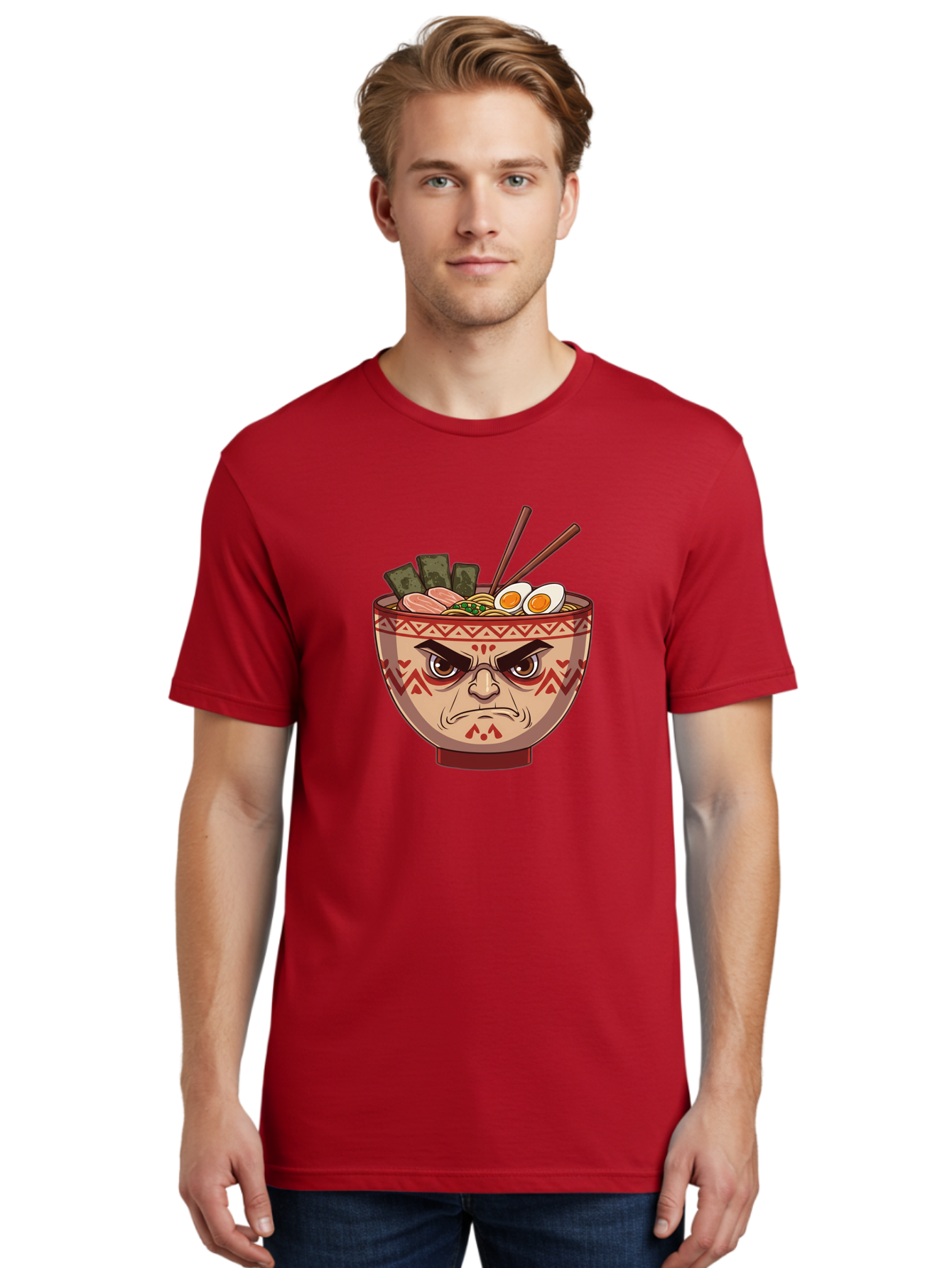 Angry-Ramen Men'S Graphic Tee, 100% Cotton, Comfortable Casual Summer Wear, Machine Washable, Angry Ramen Bowl, Angry Face, Ramen Noodles, Boiled Egg, Seaweed, Chopsticks, Kawaii, Cartoon Character, Ramen Toppings, Angry Eyes Baa134