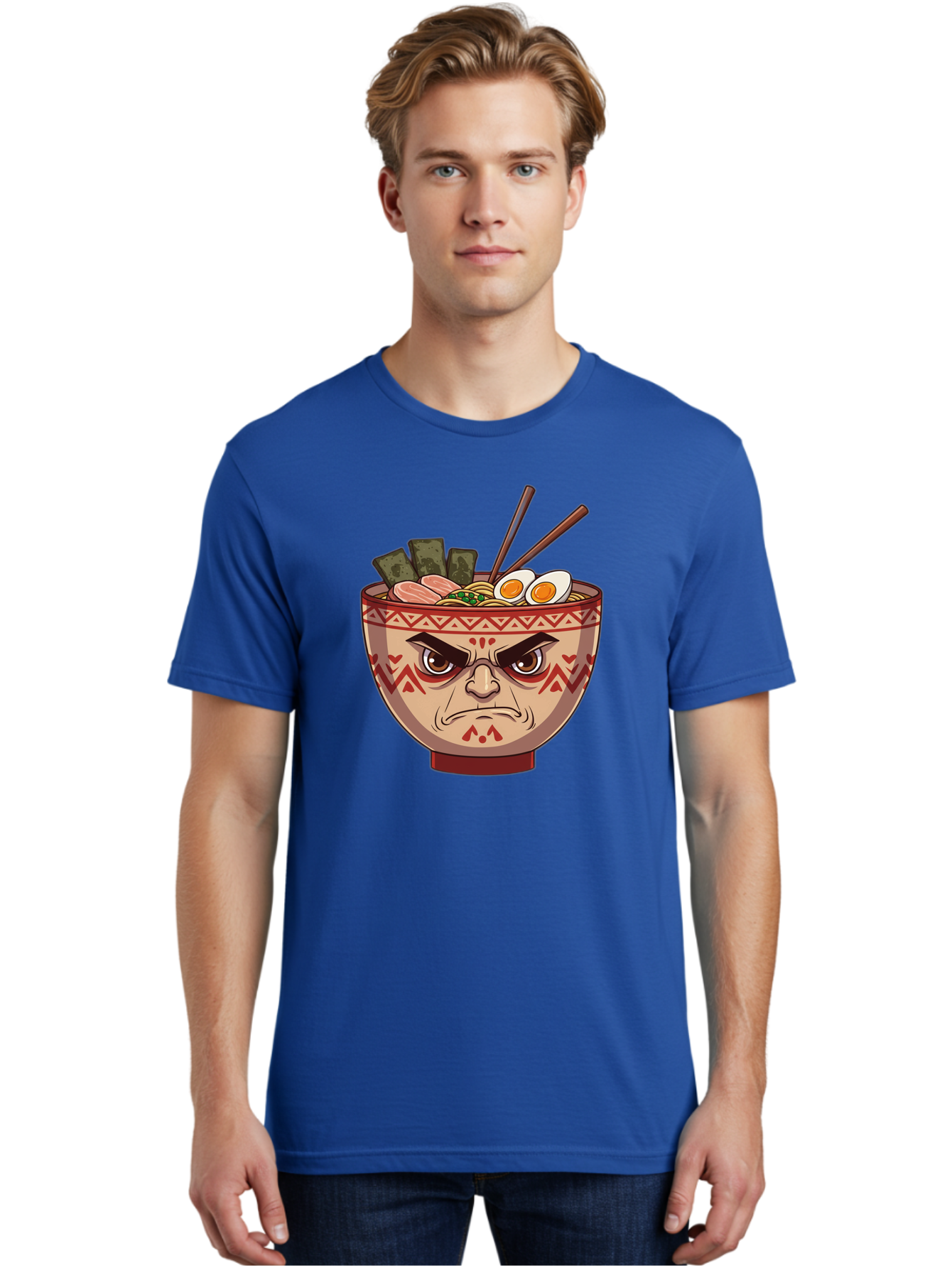 Angry-Ramen Men'S Graphic Tee, 100% Cotton, Comfortable Casual Summer Wear, Machine Washable, Angry Ramen Bowl, Angry Face, Ramen Noodles, Boiled Egg, Seaweed, Chopsticks, Kawaii, Cartoon Character, Ramen Toppings, Angry Eyes Baa134