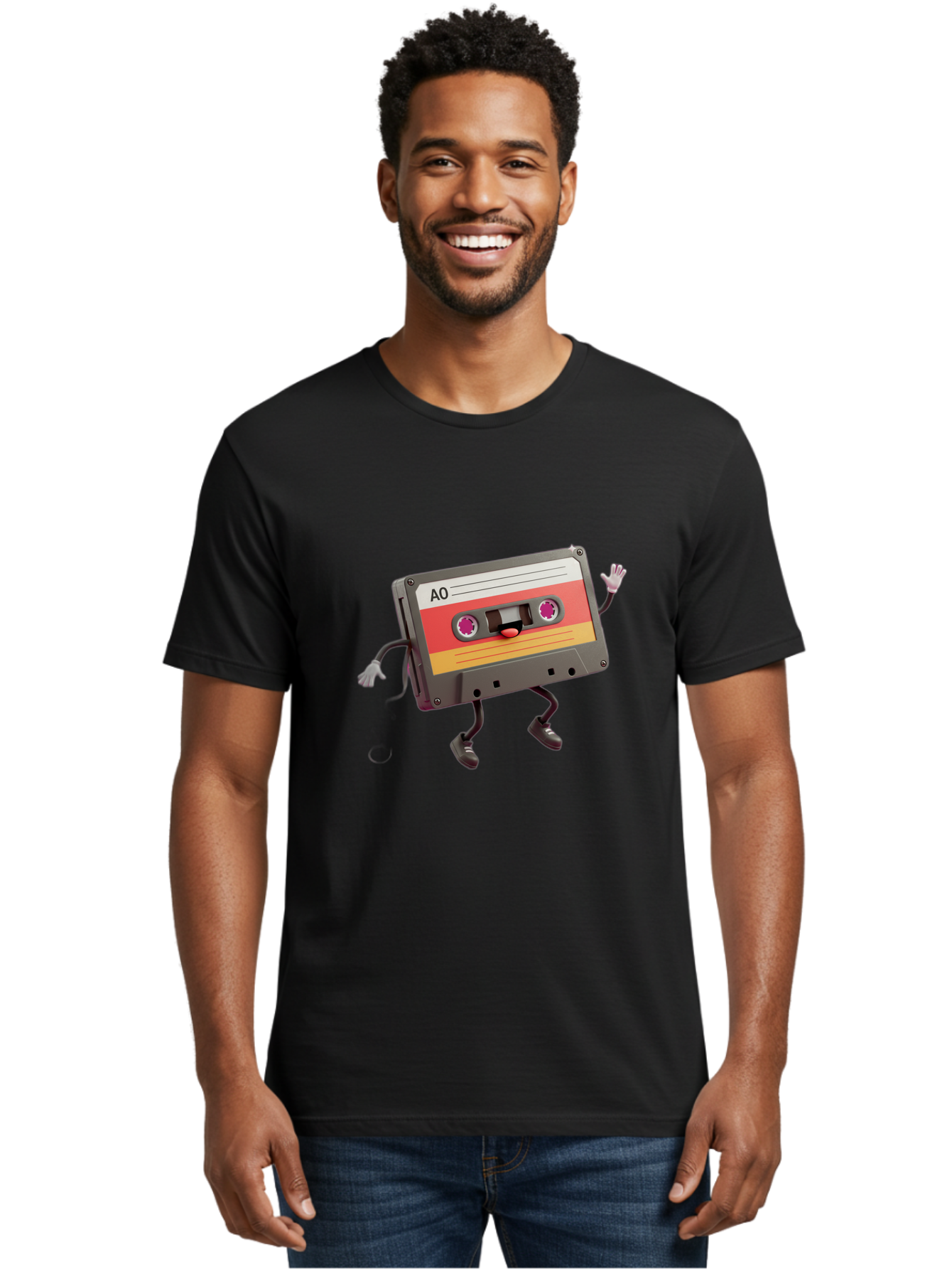 Ao-Cassette Men'S Graphic Tee, 100% Cotton, Comfortable Casual Summer Wear, Machine Washable, Retro Cassette Tape, Character Design, Anthropomorphic Object, Music Nostalgia, Vintage Technology, 80S And 90S Memorabilia, Funky Illustration, Baa136