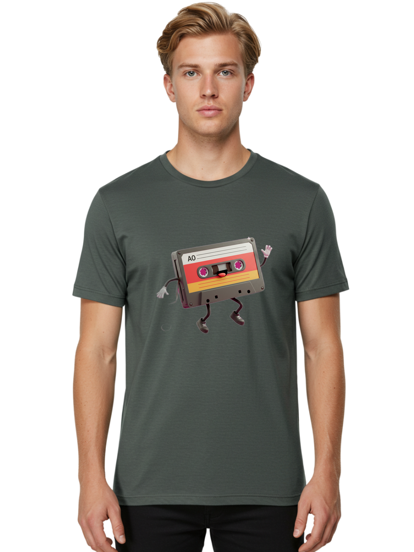 Ao-Cassette Men'S Graphic Tee, 100% Cotton, Comfortable Casual Summer Wear, Machine Washable, Retro Cassette Tape, Character Design, Anthropomorphic Object, Music Nostalgia, Vintage Technology, 80S And 90S Memorabilia, Funky Illustration, Baa136