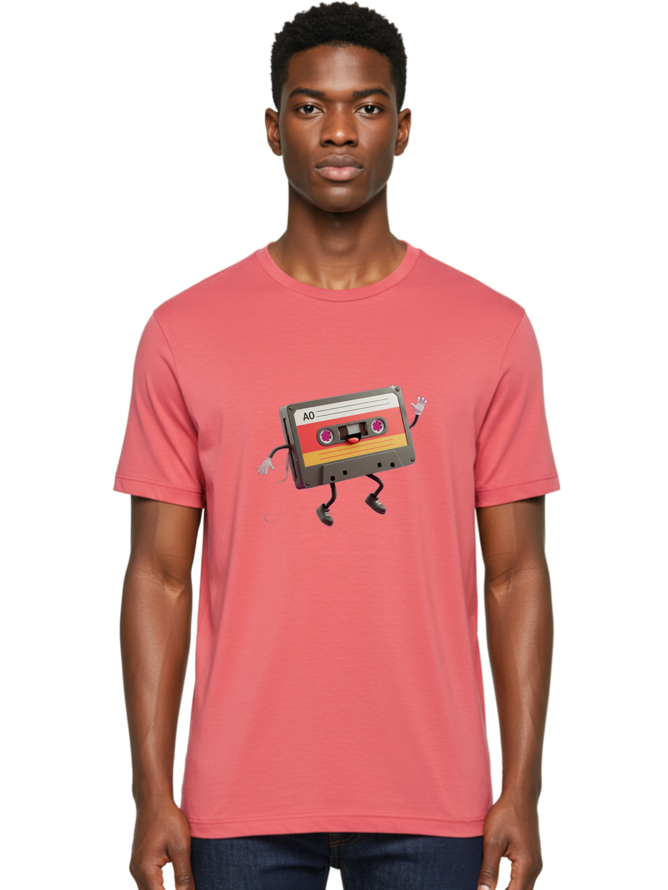 Ao-Cassette Men'S Graphic Tee, 100% Cotton, Comfortable Casual Summer Wear, Machine Washable, Retro Cassette Tape, Character Design, Anthropomorphic Object, Music Nostalgia, Vintage Technology, 80S And 90S Memorabilia, Funky Illustration, Baa136