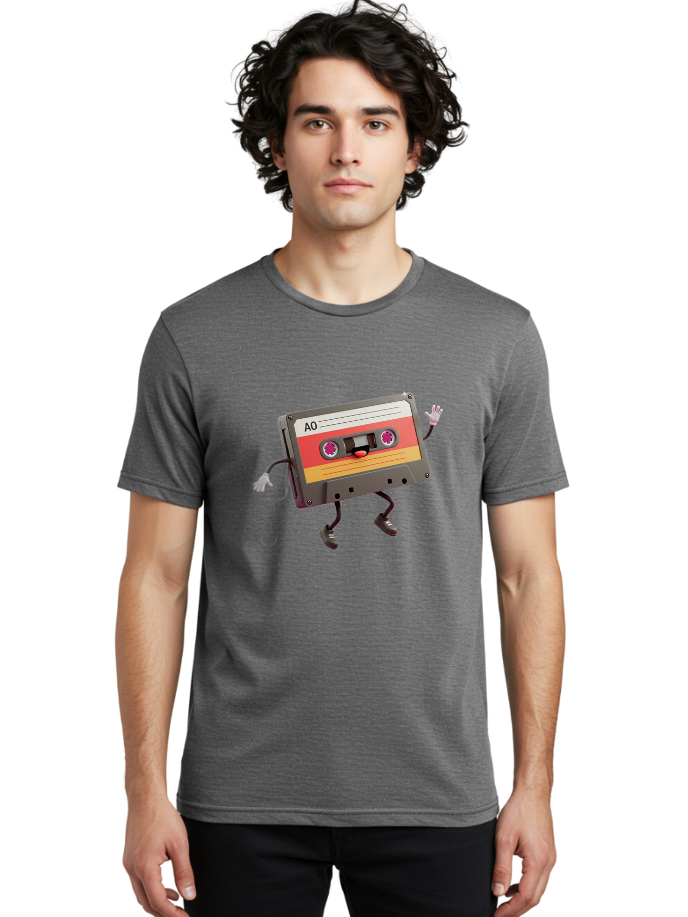 Ao-Cassette Men'S Graphic Tee, 100% Cotton, Comfortable Casual Summer Wear, Machine Washable, Retro Cassette Tape, Character Design, Anthropomorphic Object, Music Nostalgia, Vintage Technology, 80S And 90S Memorabilia, Funky Illustration, Baa136