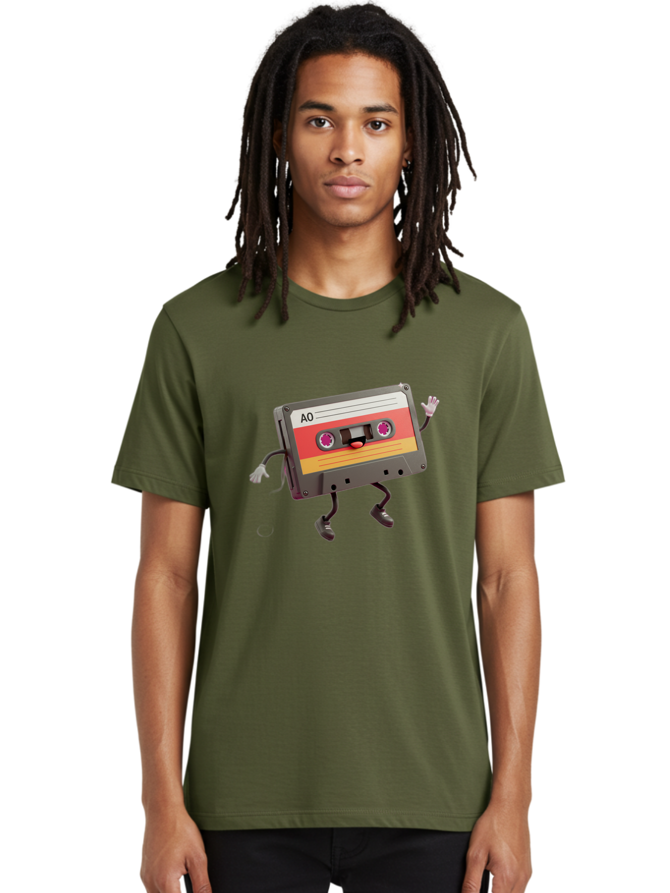 Ao-Cassette Men'S Graphic Tee, 100% Cotton, Comfortable Casual Summer Wear, Machine Washable, Retro Cassette Tape, Character Design, Anthropomorphic Object, Music Nostalgia, Vintage Technology, 80S And 90S Memorabilia, Funky Illustration, Baa136