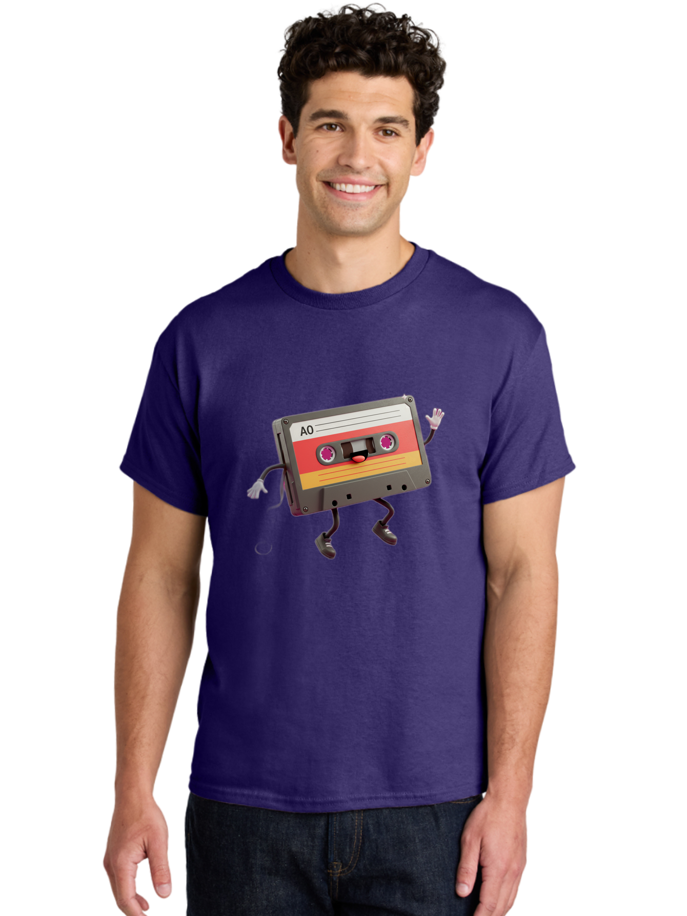 Ao-Cassette Men'S Graphic Tee, 100% Cotton, Comfortable Casual Summer Wear, Machine Washable, Retro Cassette Tape, Character Design, Anthropomorphic Object, Music Nostalgia, Vintage Technology, 80S And 90S Memorabilia, Funky Illustration, Baa136