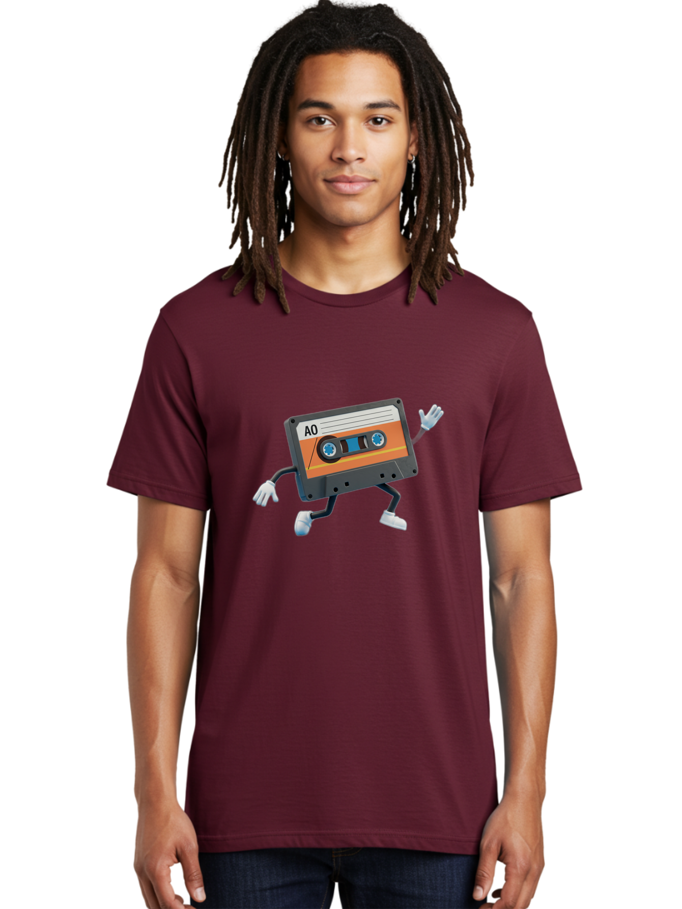 Ao-Mixtape Men'S Graphic Tee, 100% Cotton, Comfortable Casual Summer Wear, Machine Washable, Cartoon Cassette Tape, Vintage Music, Retro Technology, Orange Label, Ao Label, Black Plastic, White Gloves, Dancing Cassette, Funny Character, Baa137