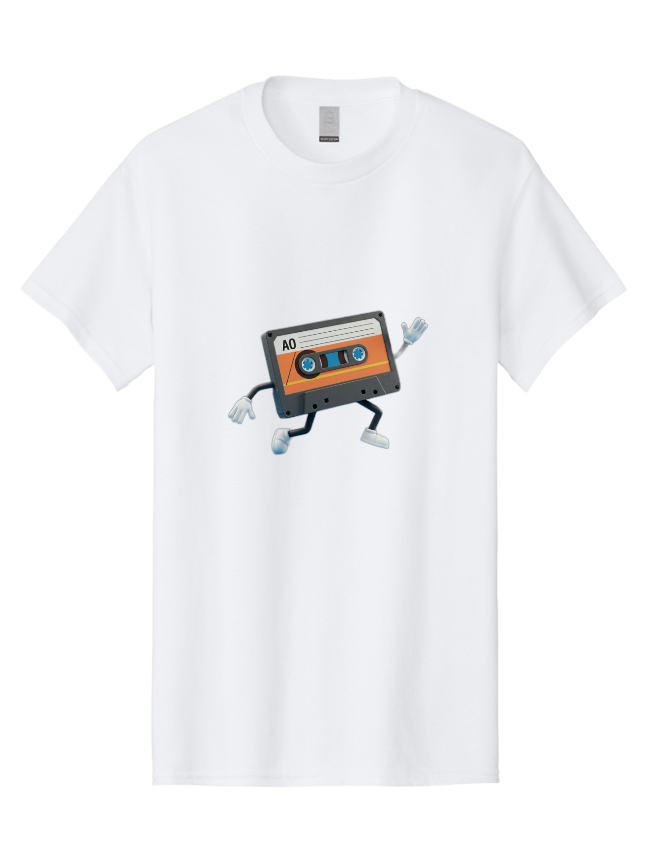 Ao-Mixtape Men'S Graphic Tee, 100% Cotton, Comfortable Casual Summer Wear, Machine Washable, Cartoon Cassette Tape, Vintage Music, Retro Technology, Orange Label, Ao Label, Black Plastic, White Gloves, Dancing Cassette, Funny Character, Baa137