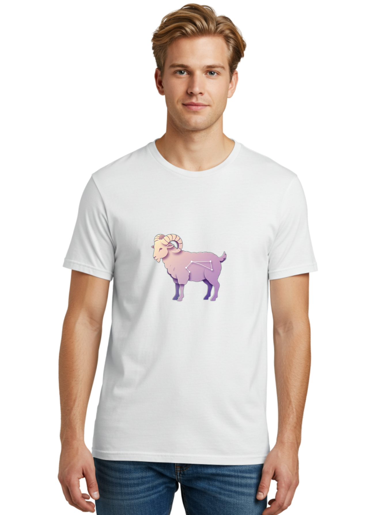 Aries-Constellation-Goat Men'S Graphic Tee, 100% Cotton, Comfortable Casual Summer Wear, Machine Washable, Ram Constellation, Aries Zodiac Sign, Goat Symbolism, Astrology Illustration, Horoscope Graphics, Constellation Diagram, Zodiac Artwork Baa138