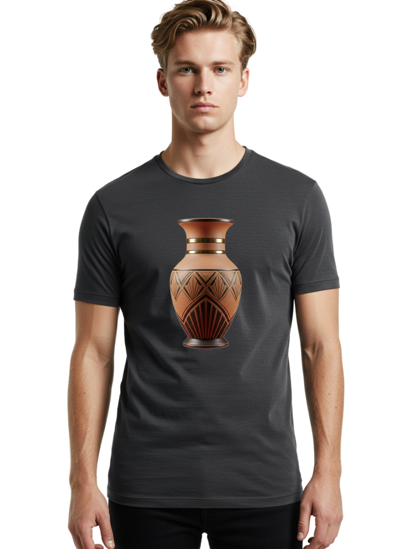 Art-Deco-Vase Men'S Graphic Tee, 100% Cotton, Comfortable Casual Summer Wear, Machine Washable, Copper Vase, Antique Vase, Decorative Vase, Geometric Patterns, Ornate Design, Vintage Decor, Luxury Home Decor, Elegant Interior Design, Baa139