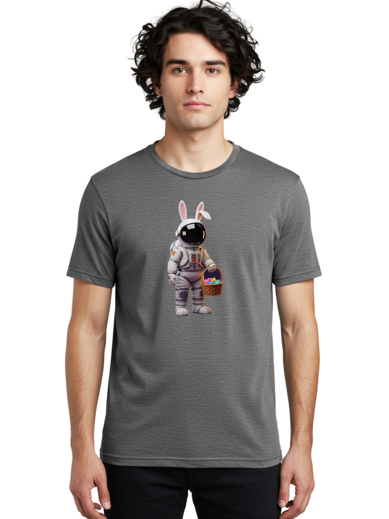 Astronaut-Bunny Men'S Graphic Tee, 100% Cotton, Comfortable Casual Summer Wear, Machine Washable, Astronaut With Bunny Ears, Space Suit, Easter Basket, Colorful Eggs, Digital Art, Futuristic, Holiday, Quirky, Easter Eggs, Festive Atmosphere, Baa143