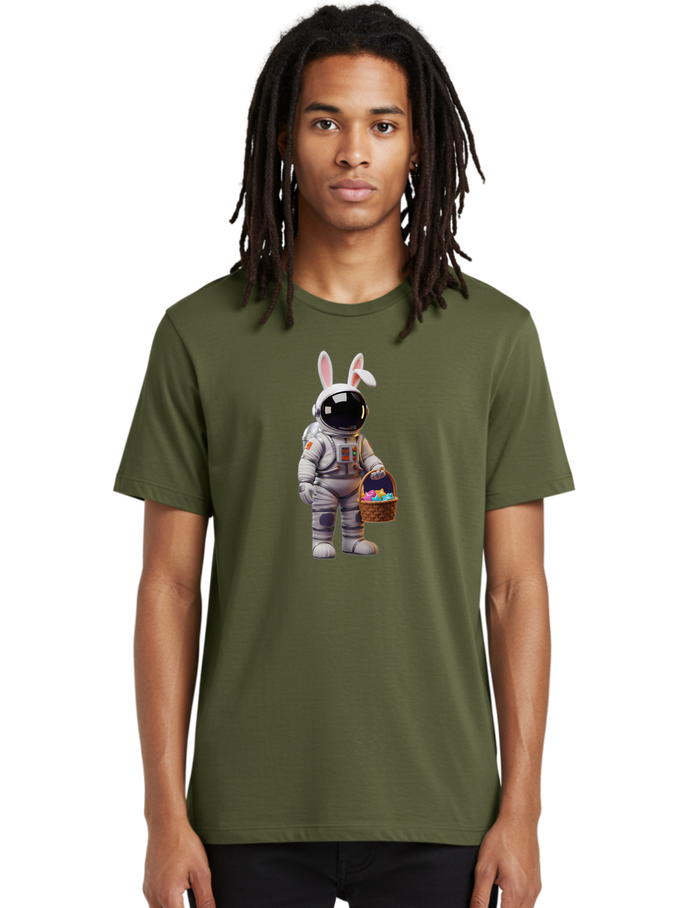 Astronaut-Bunny Men'S Graphic Tee, 100% Cotton, Comfortable Casual Summer Wear, Machine Washable, Astronaut With Bunny Ears, Space Suit, Easter Basket, Colorful Eggs, Digital Art, Futuristic, Holiday, Quirky, Easter Eggs, Festive Atmosphere, Baa143