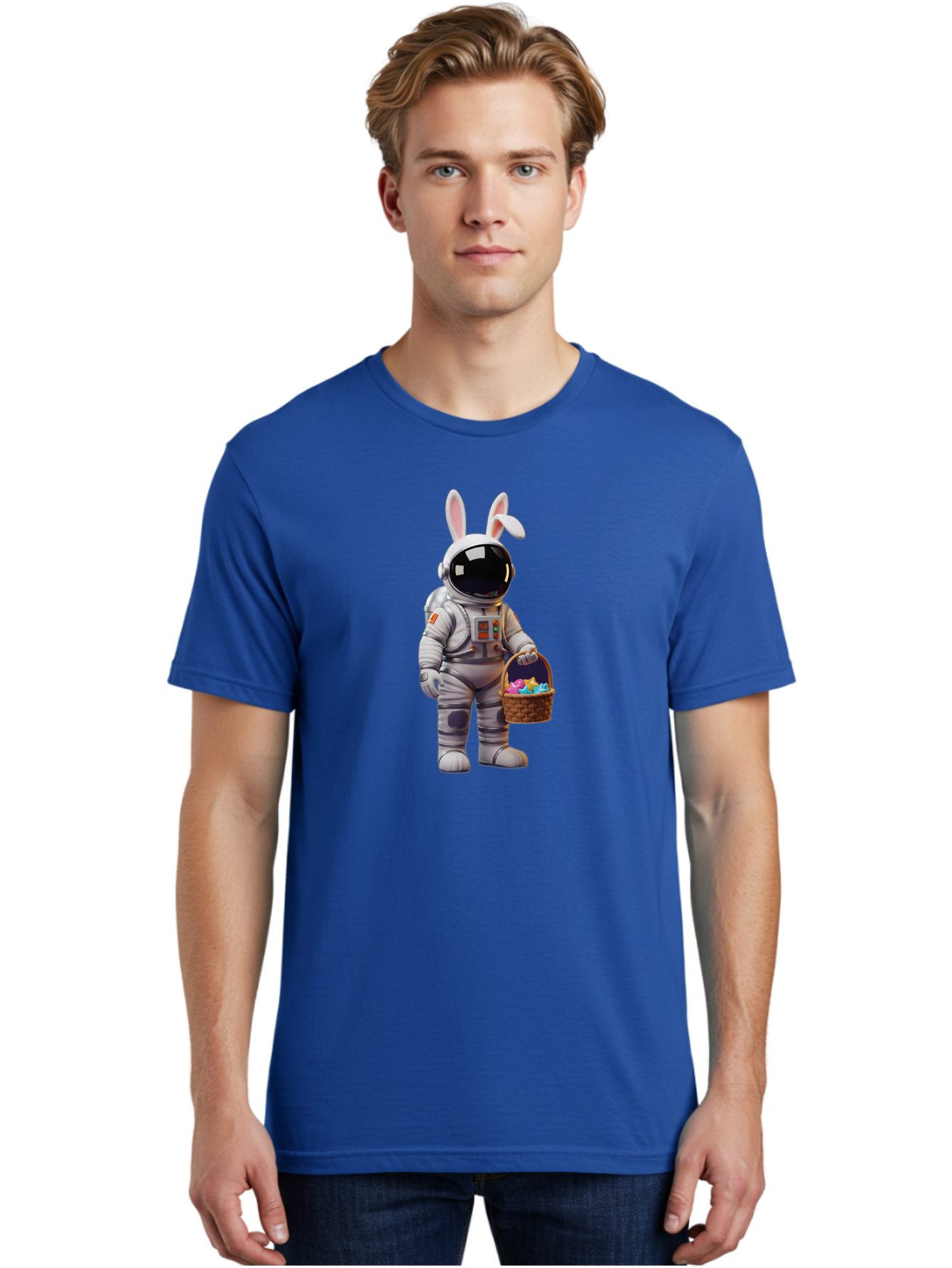 Astronaut-Bunny Men'S Graphic Tee, 100% Cotton, Comfortable Casual Summer Wear, Machine Washable, Astronaut With Bunny Ears, Space Suit, Easter Basket, Colorful Eggs, Digital Art, Futuristic, Holiday, Quirky, Easter Eggs, Festive Atmosphere, Baa143