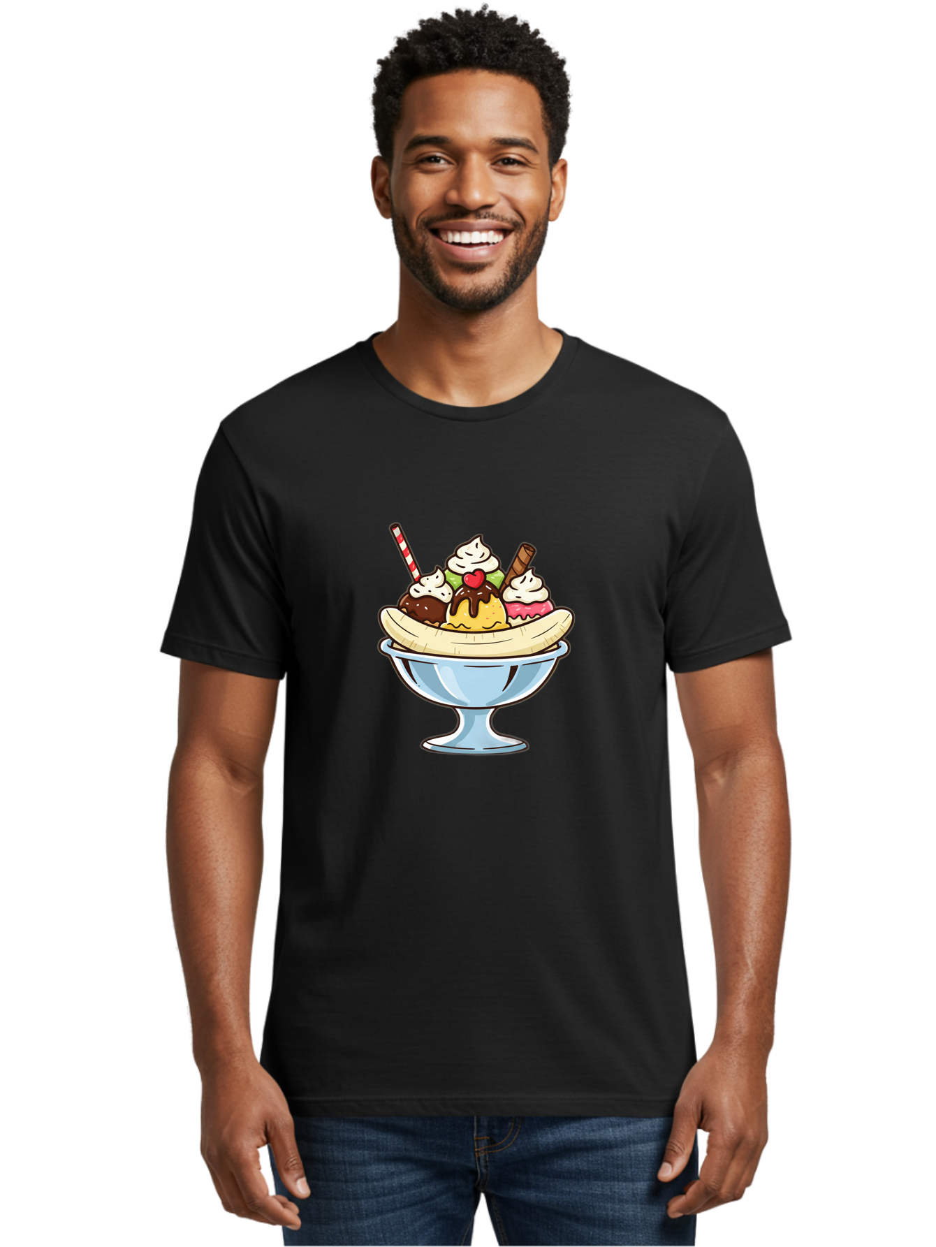 Banana-Split Men'S Graphic Tee, 100% Cotton, Comfortable Casual Summer Wear, Machine Washable, Banana Split, Sundae, Ice Cream Dessert, Whipped Cream, Chocolate Sauce, Cherry On Top, Colorful Treats, Sweet Indulgence Baa148