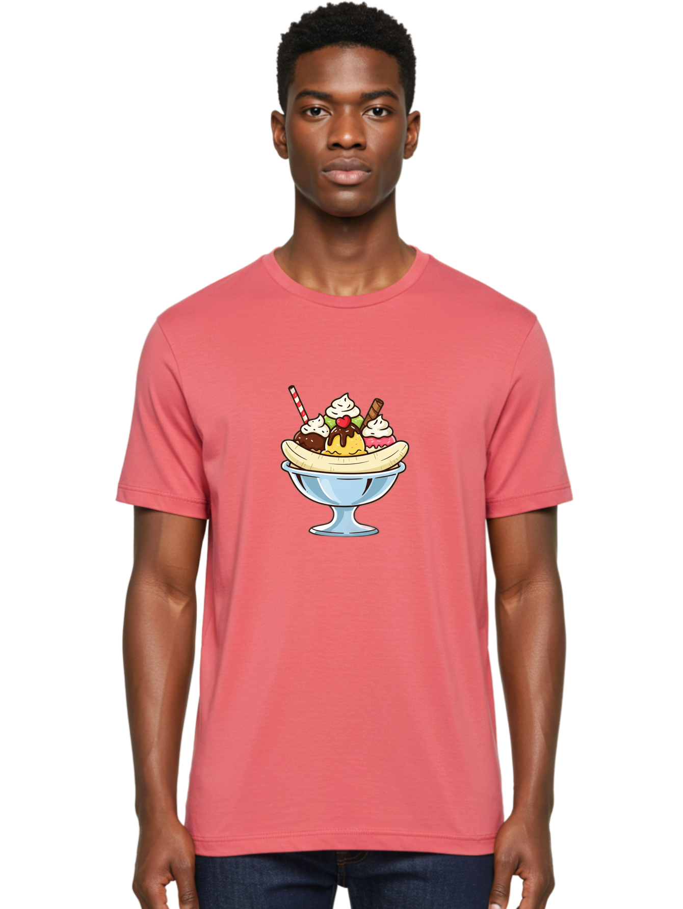 Banana-Split Men'S Graphic Tee, 100% Cotton, Comfortable Casual Summer Wear, Machine Washable, Banana Split, Sundae, Ice Cream Dessert, Whipped Cream, Chocolate Sauce, Cherry On Top, Colorful Treats, Sweet Indulgence Baa148