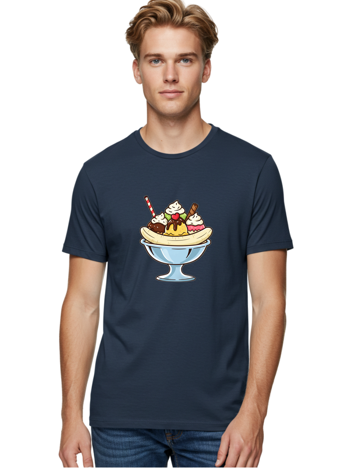 Banana-Split Men'S Graphic Tee, 100% Cotton, Comfortable Casual Summer Wear, Machine Washable, Banana Split, Sundae, Ice Cream Dessert, Whipped Cream, Chocolate Sauce, Cherry On Top, Colorful Treats, Sweet Indulgence Baa148