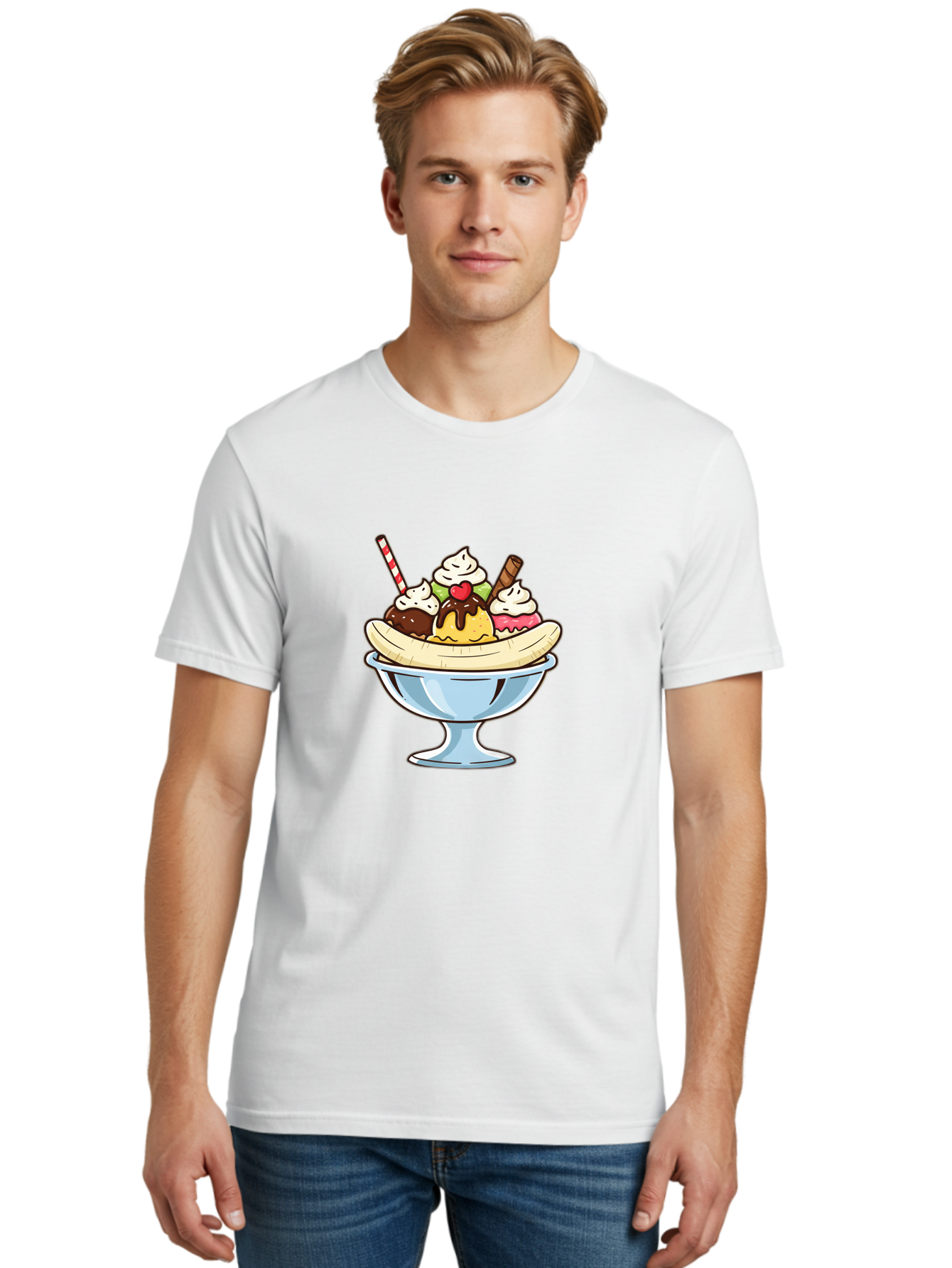 Banana-Split Men'S Graphic Tee, 100% Cotton, Comfortable Casual Summer Wear, Machine Washable, Banana Split, Sundae, Ice Cream Dessert, Whipped Cream, Chocolate Sauce, Cherry On Top, Colorful Treats, Sweet Indulgence Baa148