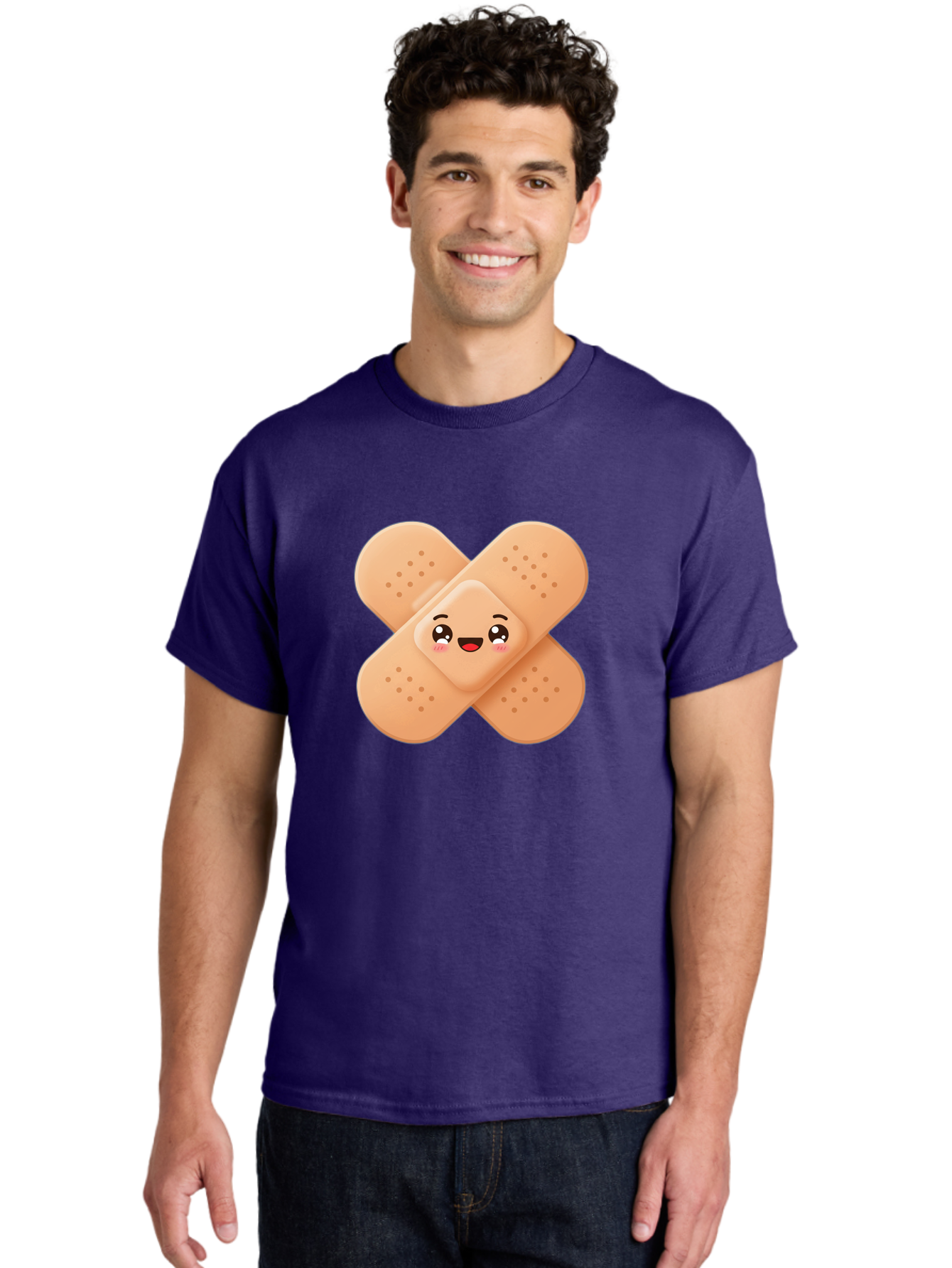 Band-Aid-Cartoon Men'S Graphic Tee, 100% Cotton, Comfortable Casual Summer Wear, Machine Washable, Band-Aid With Face, Cartoon Character, Cute Emoji, Smiling Face, First Aid Kit, Wound Care, Medical Symbol, Adhesive Bandage Baa149