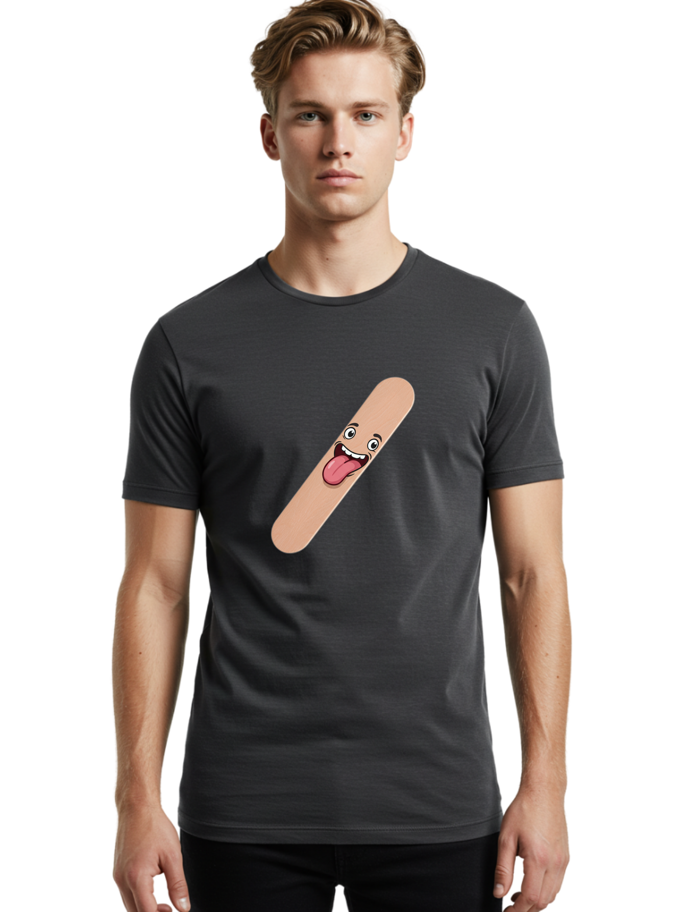 Bandage-Stick Men'S Graphic Tee, 100% Cotton, Comfortable Casual Summer Wear, Machine Washable, Cartoon Band-Aid, Funny Facial Expression, Tongue Out, Playful Character, Medical Humor, Quirky Illustration, Humorous Design Baa150