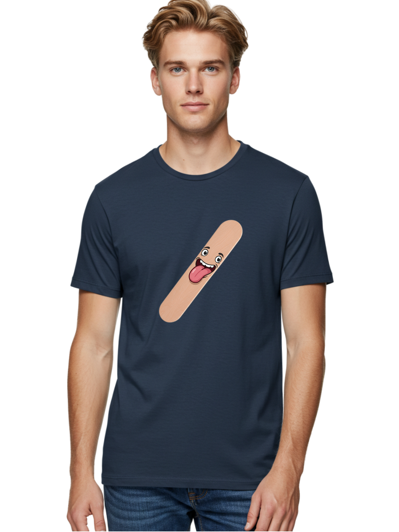 Bandage-Stick Men'S Graphic Tee, 100% Cotton, Comfortable Casual Summer Wear, Machine Washable, Cartoon Band-Aid, Funny Facial Expression, Tongue Out, Playful Character, Medical Humor, Quirky Illustration, Humorous Design Baa150