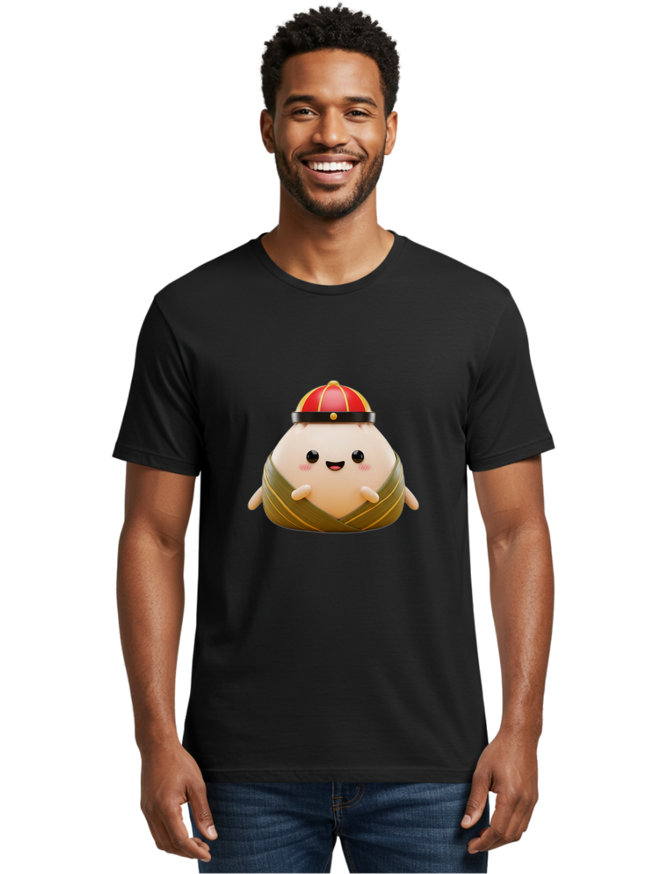 Baozi Men'S Graphic Tee, 100% Cotton, Comfortable Casual Summer Wear, Machine Washable, Cartoon Zongzi, Chinese Rice Dumpling, Traditional Food, Kawaii Character, Red Hat, Joyful Expression, Cute Illustration, Kawaii Art, Festive Food, Baa152