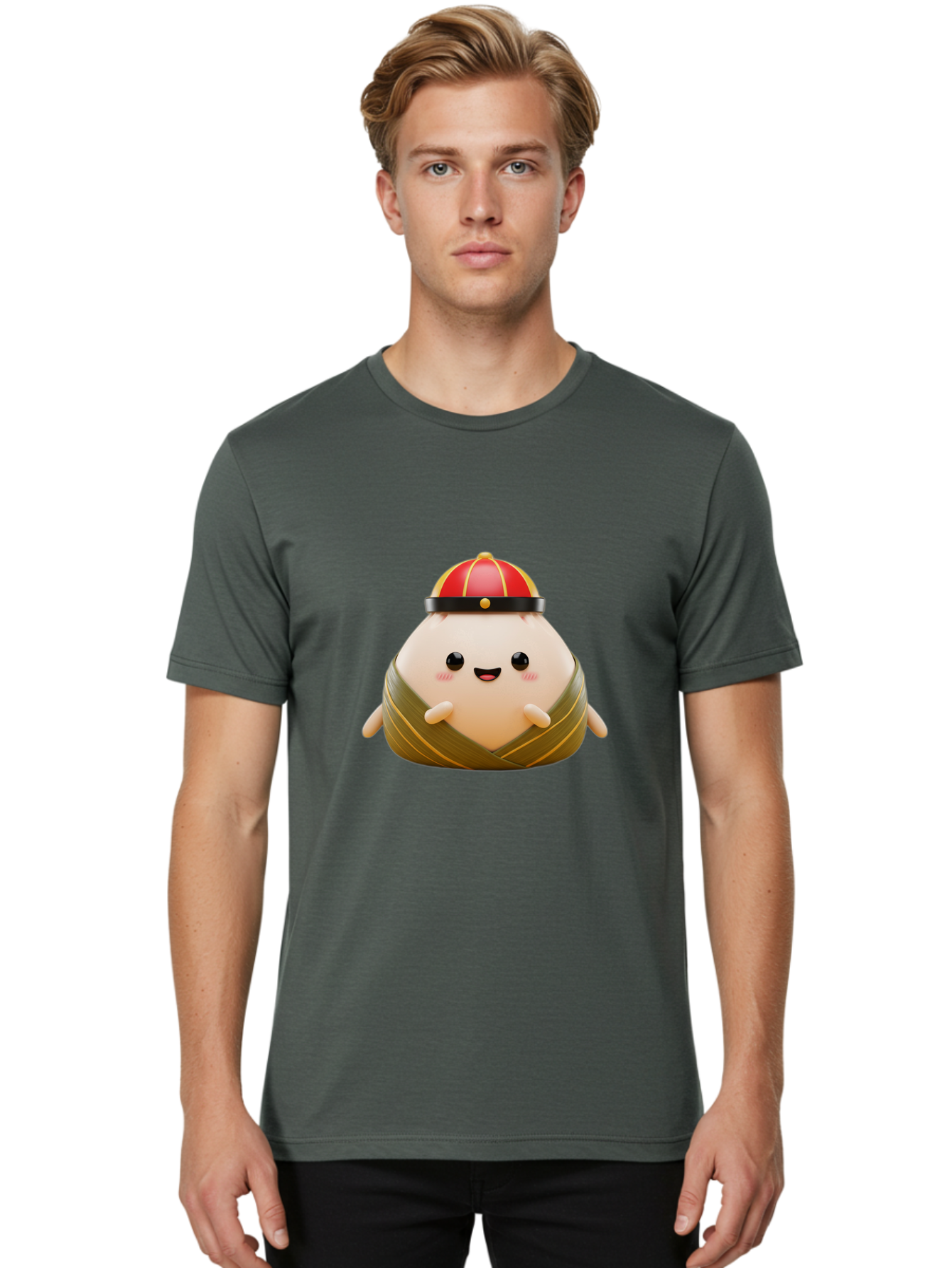 Baozi Men'S Graphic Tee, 100% Cotton, Comfortable Casual Summer Wear, Machine Washable, Cartoon Zongzi, Chinese Rice Dumpling, Traditional Food, Kawaii Character, Red Hat, Joyful Expression, Cute Illustration, Kawaii Art, Festive Food, Baa152