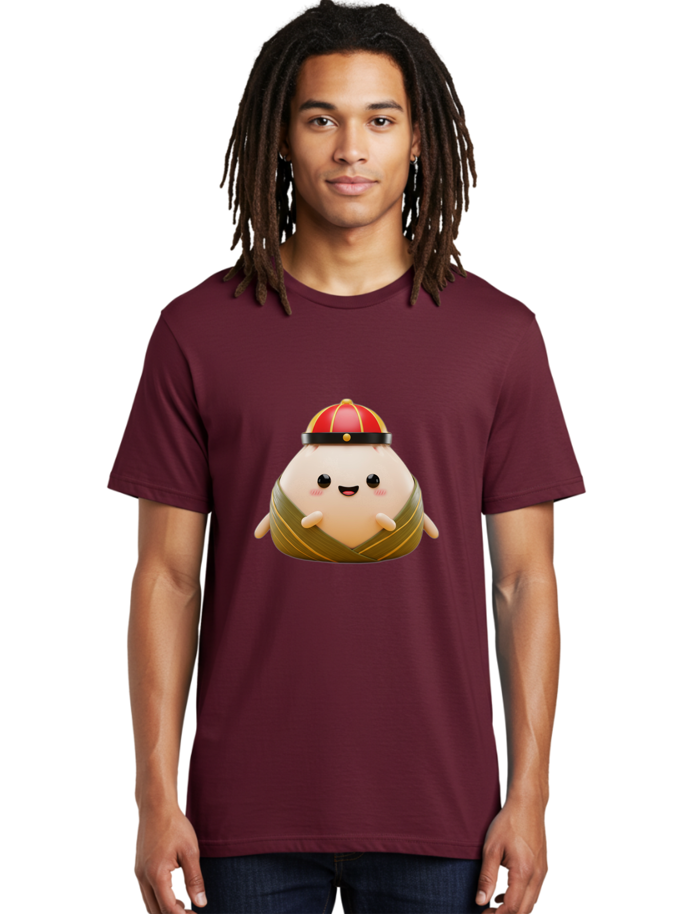 Baozi Men'S Graphic Tee, 100% Cotton, Comfortable Casual Summer Wear, Machine Washable, Cartoon Zongzi, Chinese Rice Dumpling, Traditional Food, Kawaii Character, Red Hat, Joyful Expression, Cute Illustration, Kawaii Art, Festive Food, Baa152