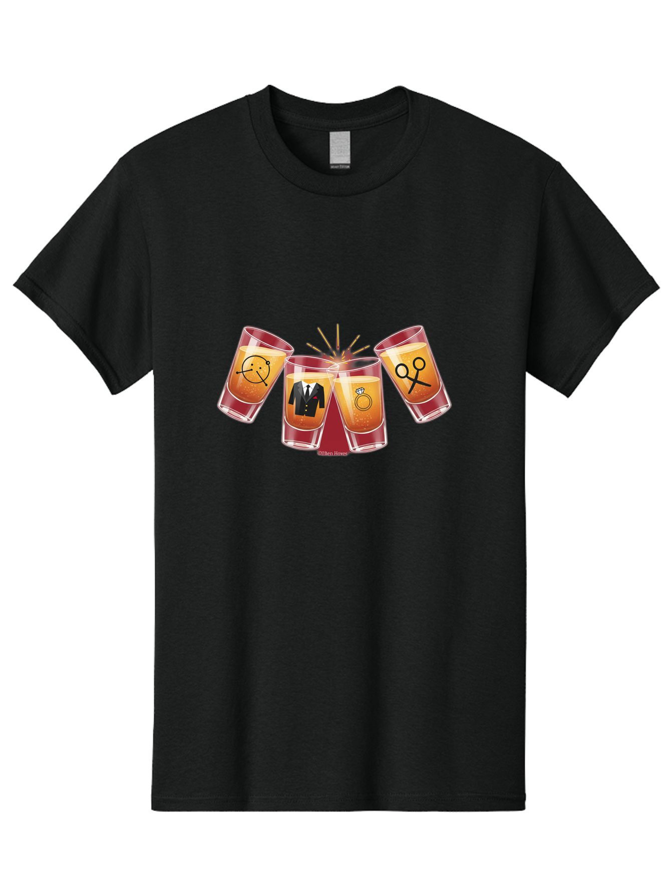 Bar-Brawl Men'S Graphic Tee, 100% Cotton, Comfortable Casual Summer Wear, Machine Washable, Shot Glasses, Orange Liquid, Symbolic Icons, Smiley Face, Tuxedo, Diamond Ring, Scissors, Party, Celebration, Festive Atmosphere Baa153