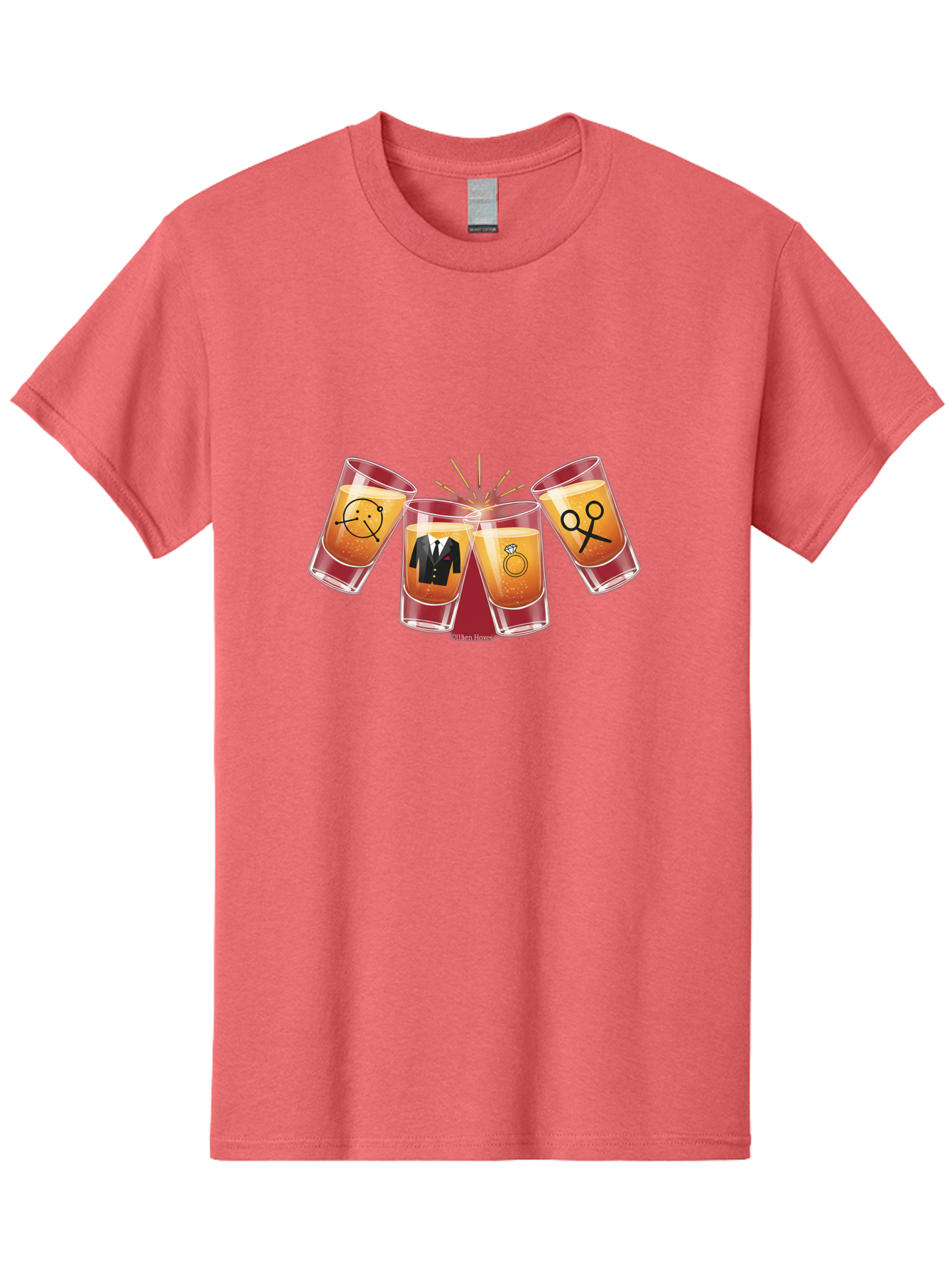 Bar-Brawl Men'S Graphic Tee, 100% Cotton, Comfortable Casual Summer Wear, Machine Washable, Shot Glasses, Orange Liquid, Symbolic Icons, Smiley Face, Tuxedo, Diamond Ring, Scissors, Party, Celebration, Festive Atmosphere Baa153