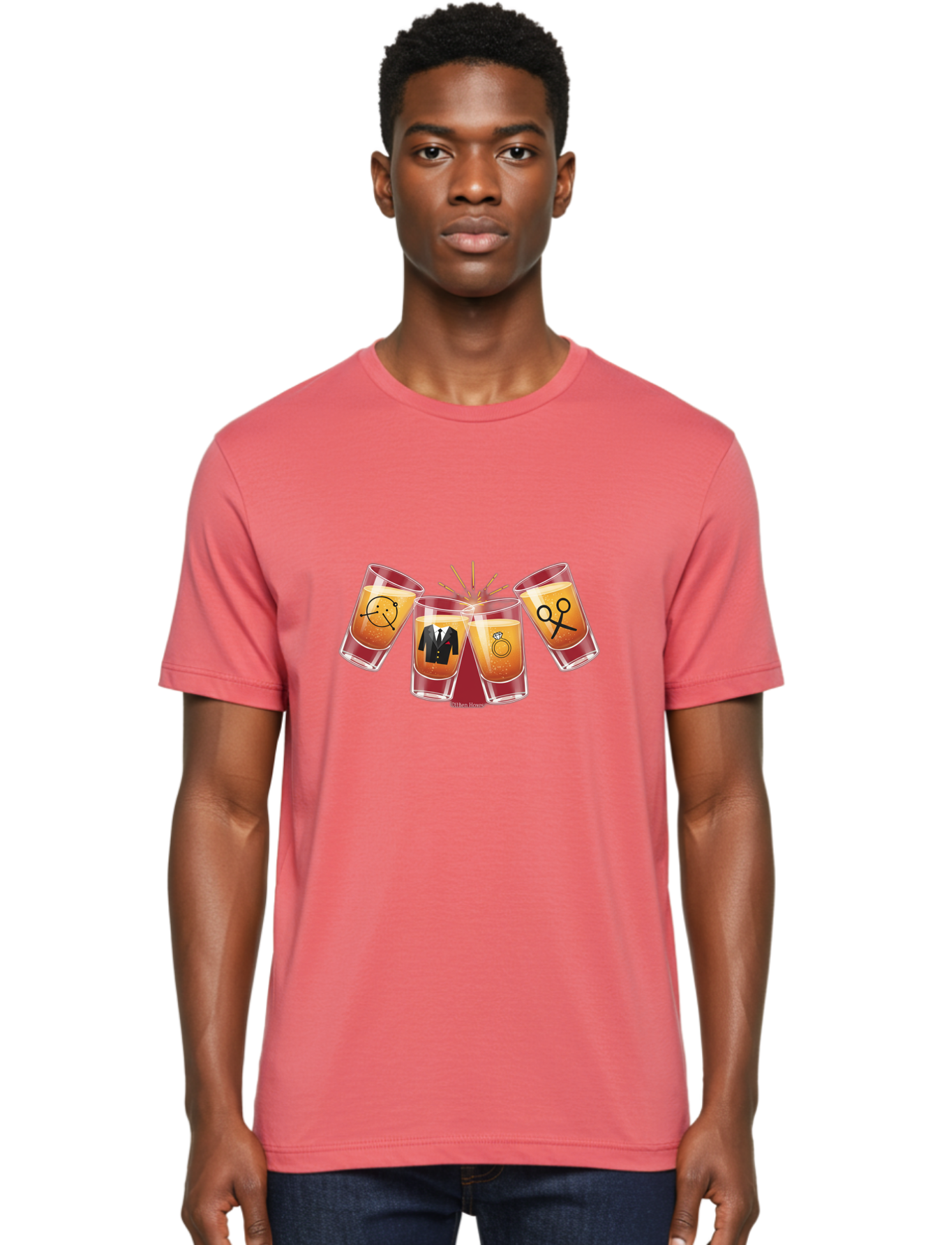 Bar-Brawl Men'S Graphic Tee, 100% Cotton, Comfortable Casual Summer Wear, Machine Washable, Shot Glasses, Orange Liquid, Symbolic Icons, Smiley Face, Tuxedo, Diamond Ring, Scissors, Party, Celebration, Festive Atmosphere Baa153