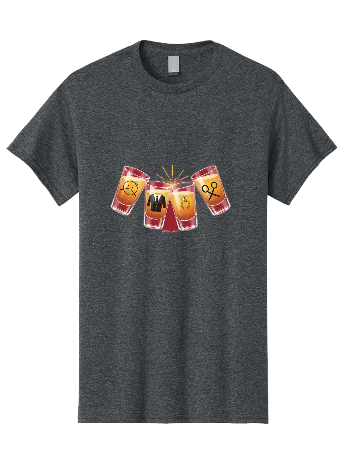 Bar-Brawl Men'S Graphic Tee, 100% Cotton, Comfortable Casual Summer Wear, Machine Washable, Shot Glasses, Orange Liquid, Symbolic Icons, Smiley Face, Tuxedo, Diamond Ring, Scissors, Party, Celebration, Festive Atmosphere Baa153