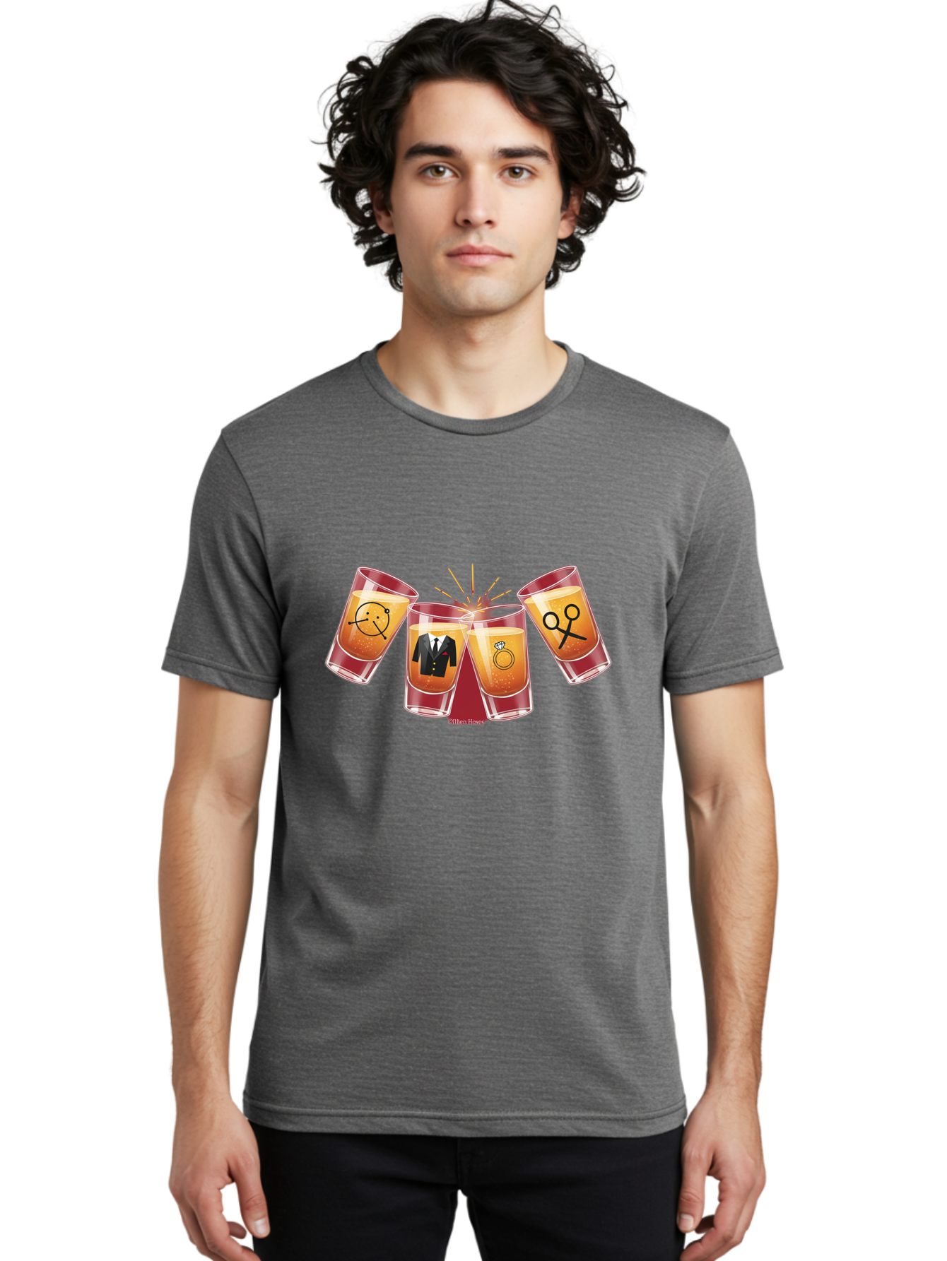 Bar-Brawl Men'S Graphic Tee, 100% Cotton, Comfortable Casual Summer Wear, Machine Washable, Shot Glasses, Orange Liquid, Symbolic Icons, Smiley Face, Tuxedo, Diamond Ring, Scissors, Party, Celebration, Festive Atmosphere Baa153