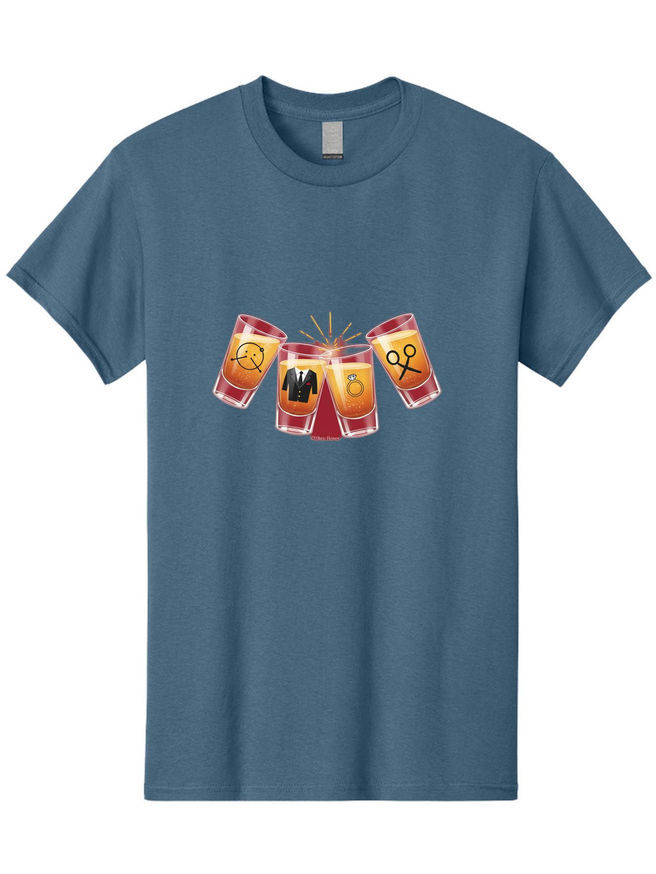 Bar-Brawl Men'S Graphic Tee, 100% Cotton, Comfortable Casual Summer Wear, Machine Washable, Shot Glasses, Orange Liquid, Symbolic Icons, Smiley Face, Tuxedo, Diamond Ring, Scissors, Party, Celebration, Festive Atmosphere Baa153
