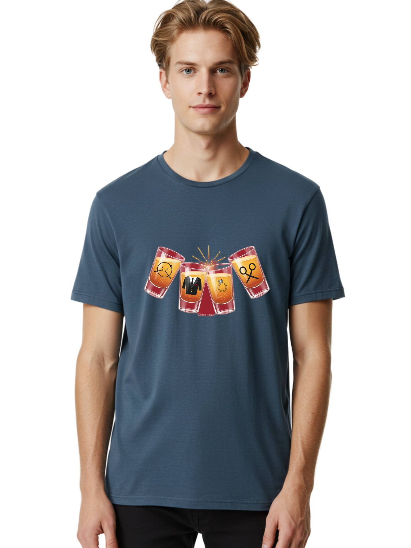 Bar-Brawl Men'S Graphic Tee, 100% Cotton, Comfortable Casual Summer Wear, Machine Washable, Shot Glasses, Orange Liquid, Symbolic Icons, Smiley Face, Tuxedo, Diamond Ring, Scissors, Party, Celebration, Festive Atmosphere Baa153