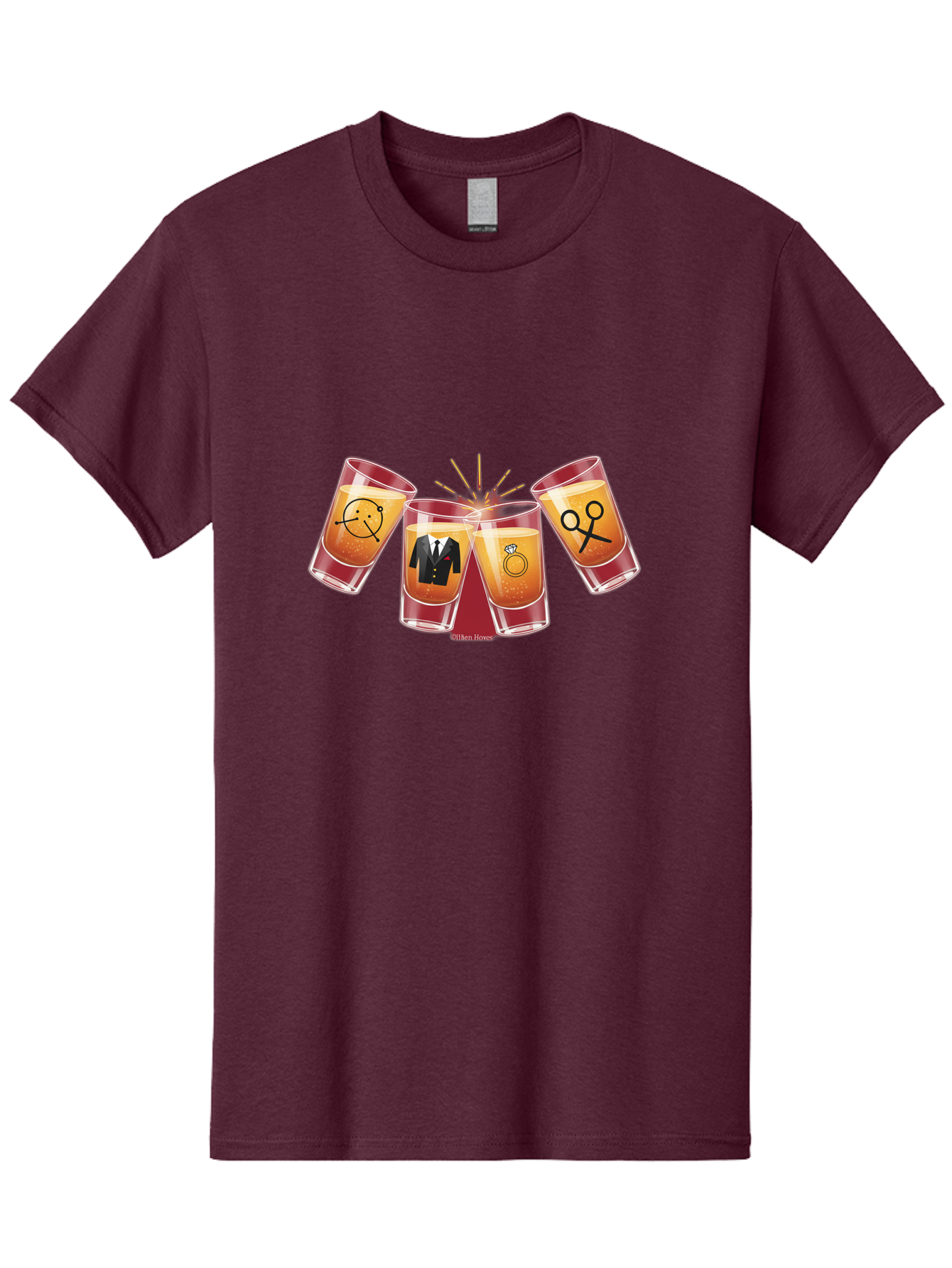 Bar-Brawl Men'S Graphic Tee, 100% Cotton, Comfortable Casual Summer Wear, Machine Washable, Shot Glasses, Orange Liquid, Symbolic Icons, Smiley Face, Tuxedo, Diamond Ring, Scissors, Party, Celebration, Festive Atmosphere Baa153