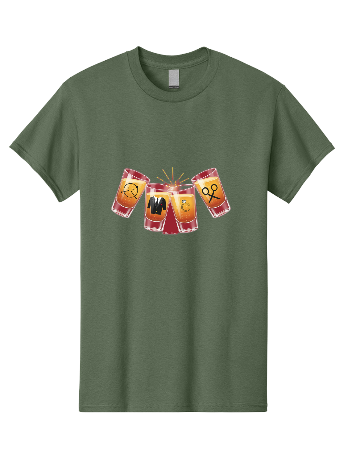 Bar-Brawl Men'S Graphic Tee, 100% Cotton, Comfortable Casual Summer Wear, Machine Washable, Shot Glasses, Orange Liquid, Symbolic Icons, Smiley Face, Tuxedo, Diamond Ring, Scissors, Party, Celebration, Festive Atmosphere Baa153