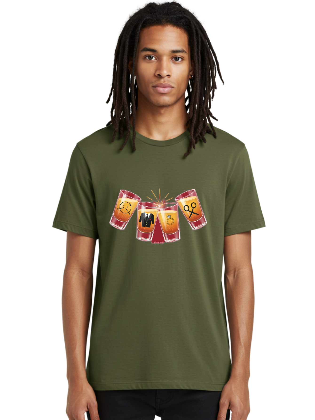Bar-Brawl Men'S Graphic Tee, 100% Cotton, Comfortable Casual Summer Wear, Machine Washable, Shot Glasses, Orange Liquid, Symbolic Icons, Smiley Face, Tuxedo, Diamond Ring, Scissors, Party, Celebration, Festive Atmosphere Baa153