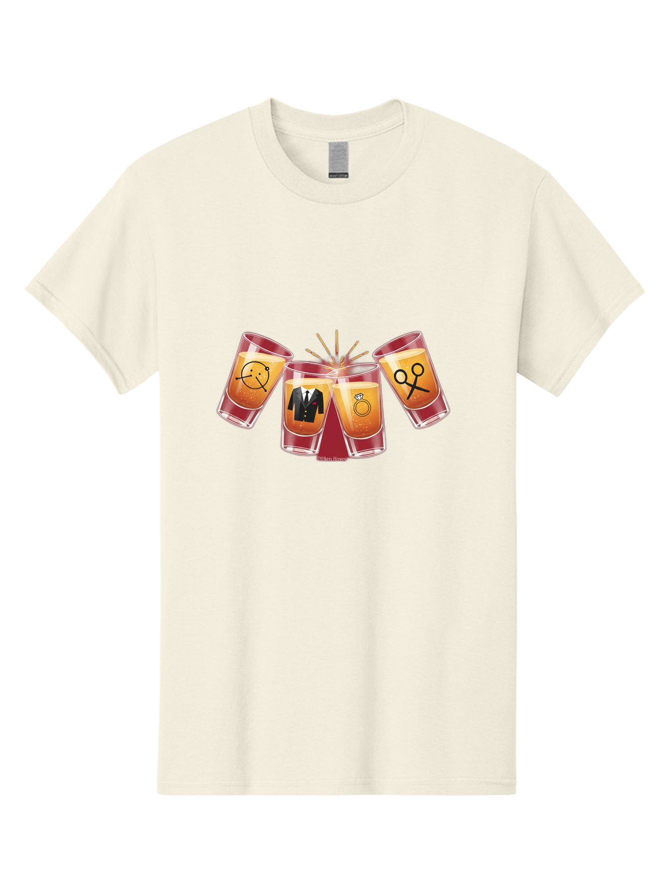 Bar-Brawl Men'S Graphic Tee, 100% Cotton, Comfortable Casual Summer Wear, Machine Washable, Shot Glasses, Orange Liquid, Symbolic Icons, Smiley Face, Tuxedo, Diamond Ring, Scissors, Party, Celebration, Festive Atmosphere Baa153