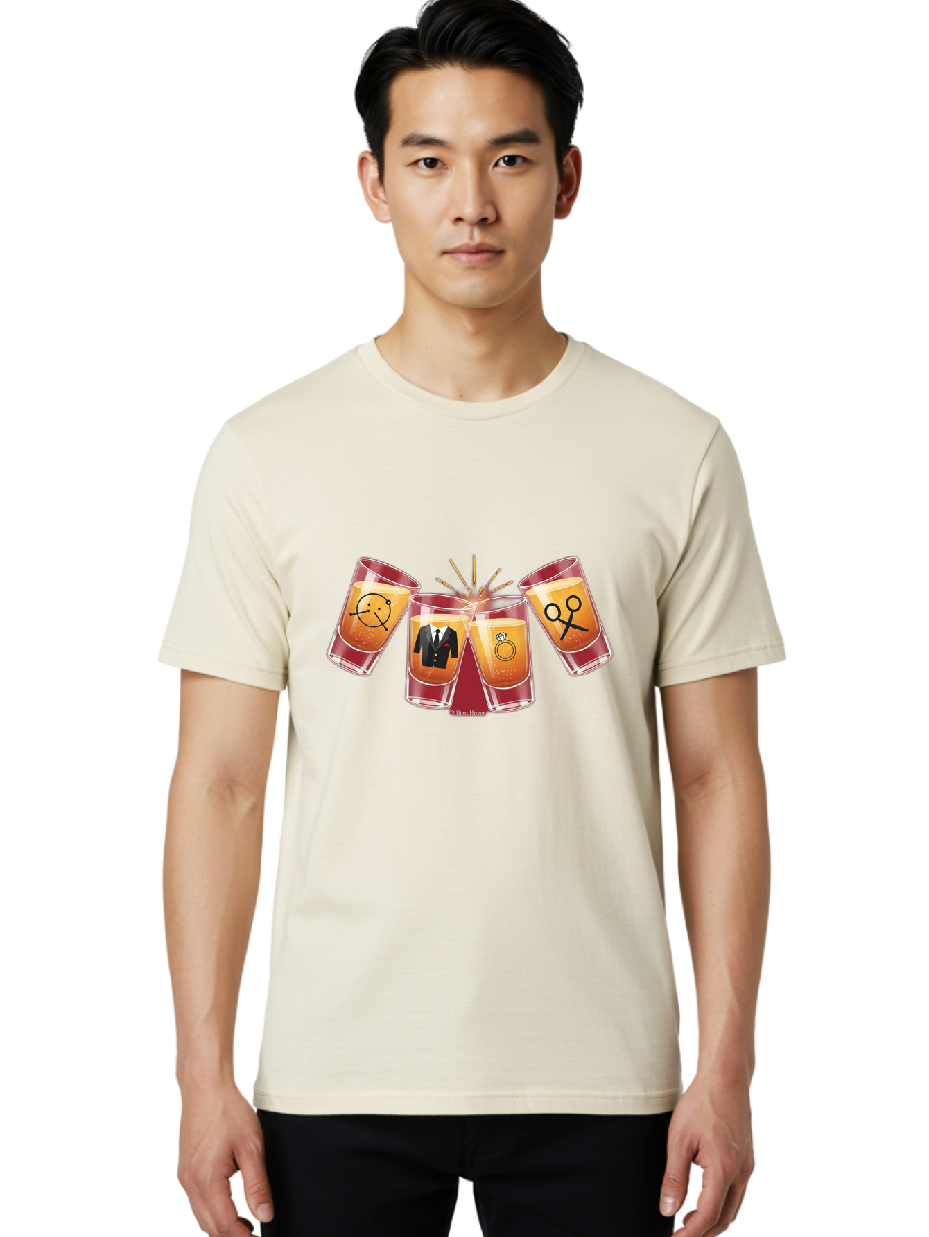 Bar-Brawl Men'S Graphic Tee, 100% Cotton, Comfortable Casual Summer Wear, Machine Washable, Shot Glasses, Orange Liquid, Symbolic Icons, Smiley Face, Tuxedo, Diamond Ring, Scissors, Party, Celebration, Festive Atmosphere Baa153
