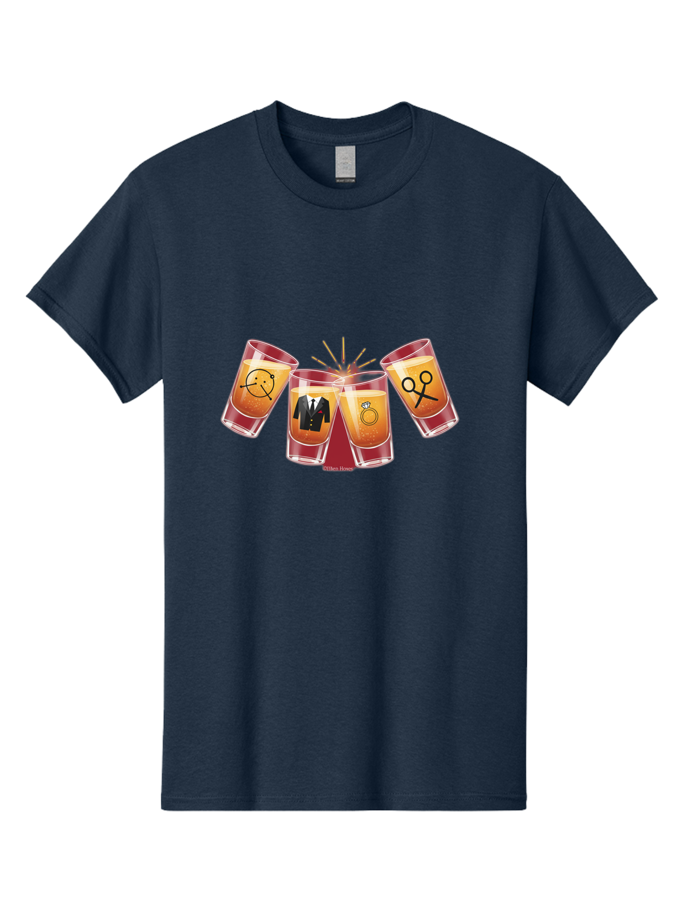 Bar-Brawl Men'S Graphic Tee, 100% Cotton, Comfortable Casual Summer Wear, Machine Washable, Shot Glasses, Orange Liquid, Symbolic Icons, Smiley Face, Tuxedo, Diamond Ring, Scissors, Party, Celebration, Festive Atmosphere Baa153