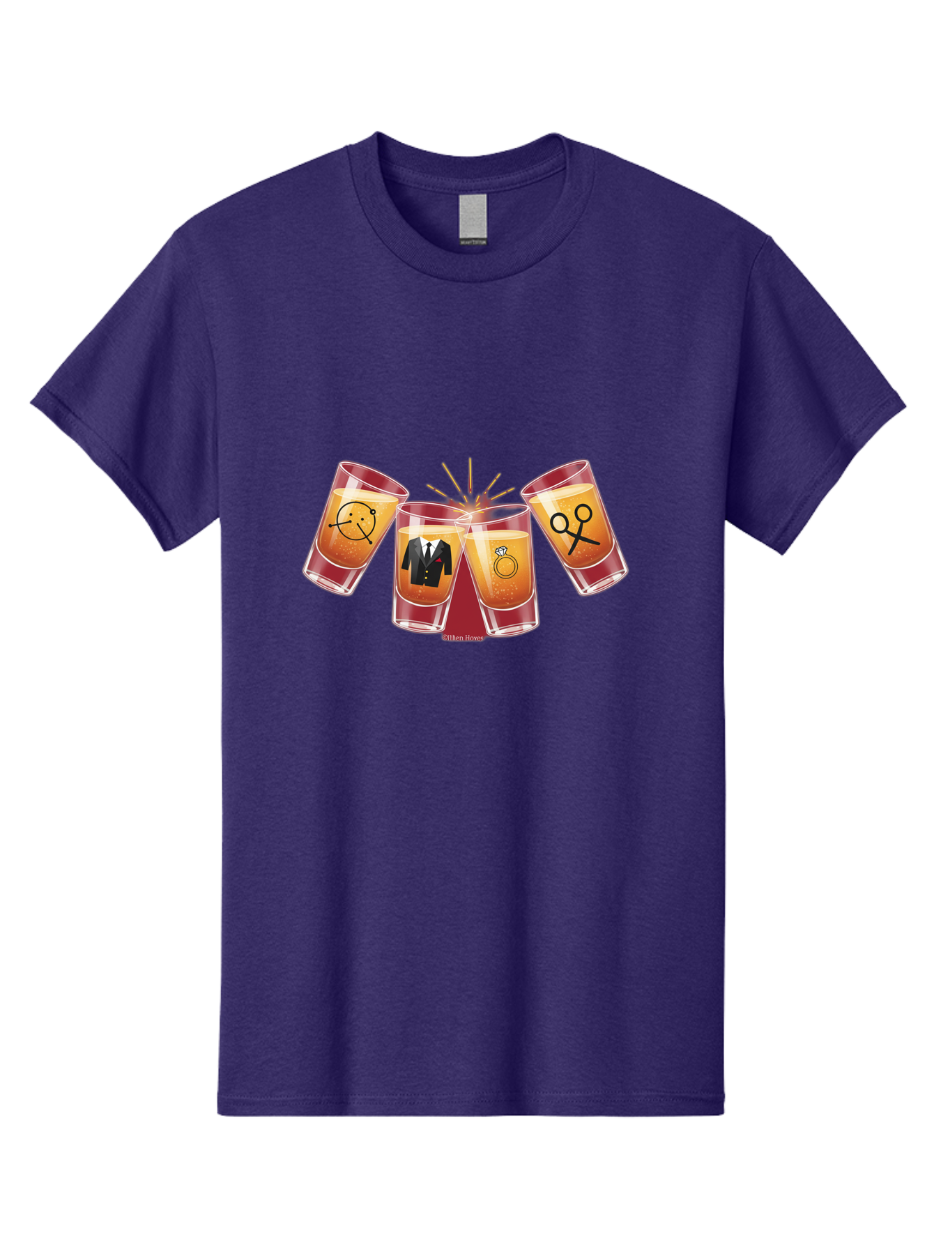 Bar-Brawl Men'S Graphic Tee, 100% Cotton, Comfortable Casual Summer Wear, Machine Washable, Shot Glasses, Orange Liquid, Symbolic Icons, Smiley Face, Tuxedo, Diamond Ring, Scissors, Party, Celebration, Festive Atmosphere Baa153