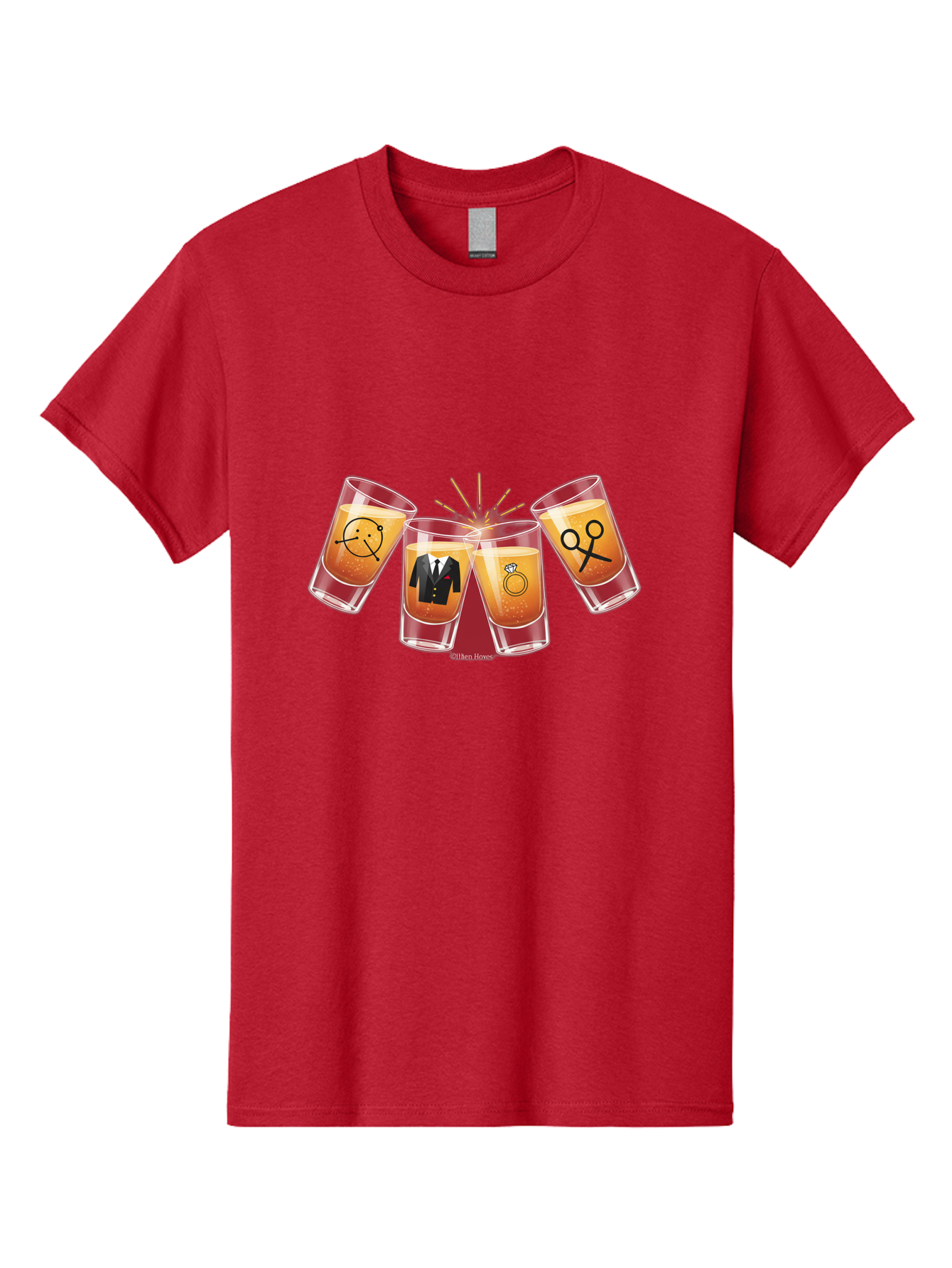Bar-Brawl Men'S Graphic Tee, 100% Cotton, Comfortable Casual Summer Wear, Machine Washable, Shot Glasses, Orange Liquid, Symbolic Icons, Smiley Face, Tuxedo, Diamond Ring, Scissors, Party, Celebration, Festive Atmosphere Baa153
