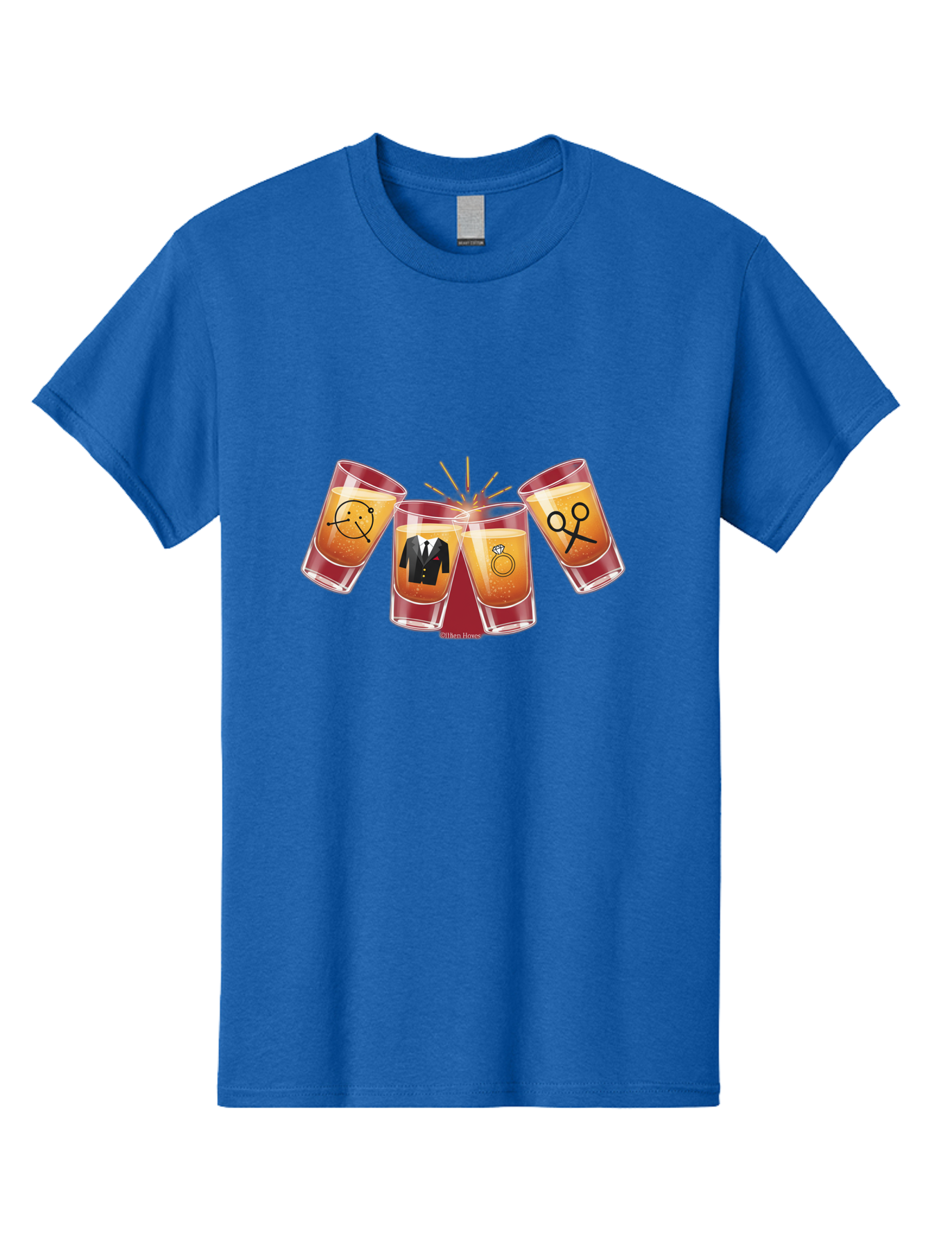 Bar-Brawl Men'S Graphic Tee, 100% Cotton, Comfortable Casual Summer Wear, Machine Washable, Shot Glasses, Orange Liquid, Symbolic Icons, Smiley Face, Tuxedo, Diamond Ring, Scissors, Party, Celebration, Festive Atmosphere Baa153