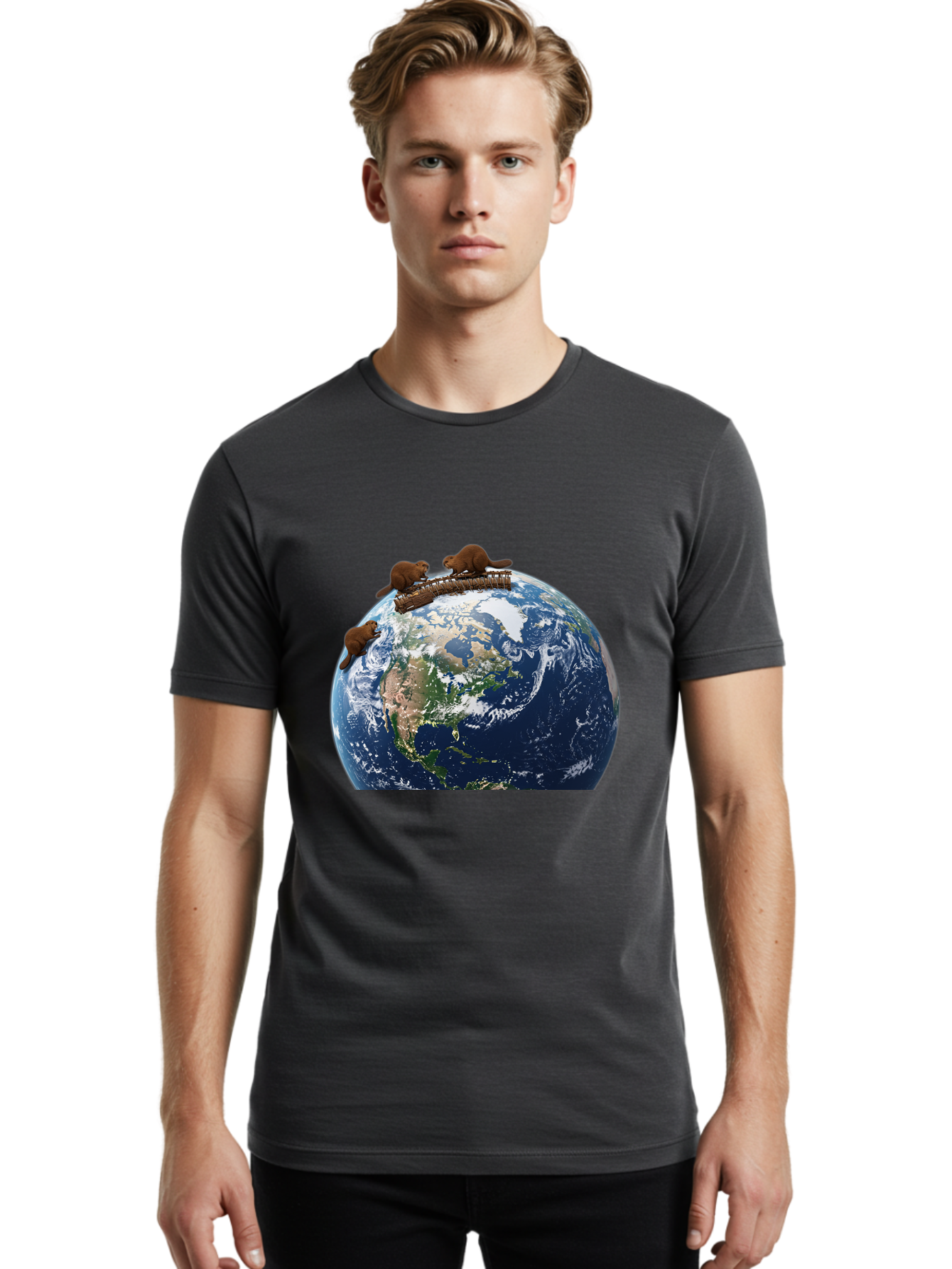 Beavers-On-Globe Men'S Graphic Tee, 100% Cotton, Comfortable Casual Summer Wear, Machine Washable, Beavers Building Dam On Top Of The Earth, Global Unity, Wildlife Conservation, Environmental Protection, Teamwork, Creative Beavers, Beaver Dam Baa157
