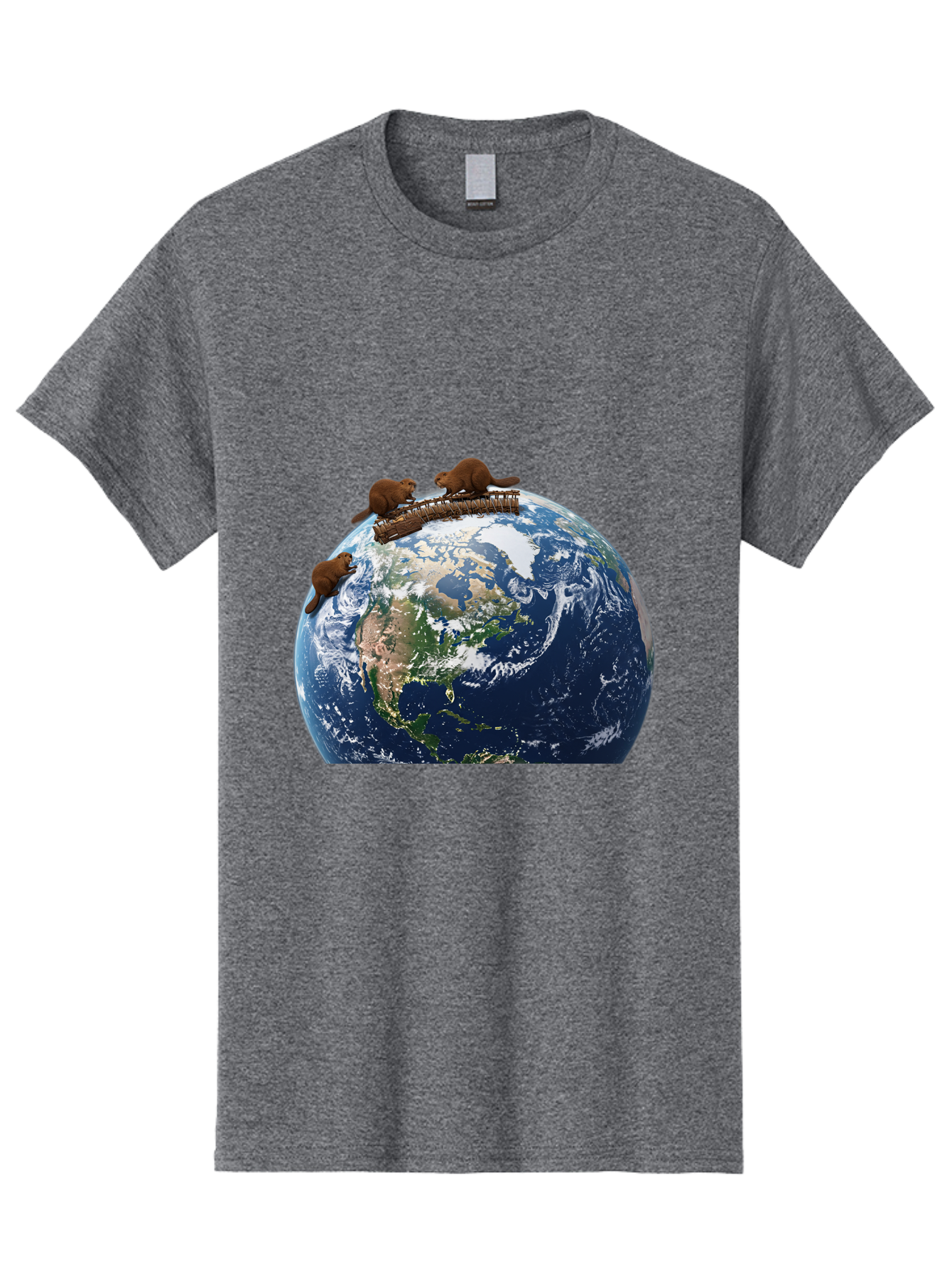 Beavers-On-Globe Men'S Graphic Tee, 100% Cotton, Comfortable Casual Summer Wear, Machine Washable, Beavers Building Dam On Top Of The Earth, Global Unity, Wildlife Conservation, Environmental Protection, Teamwork, Creative Beavers, Beaver Dam Baa157