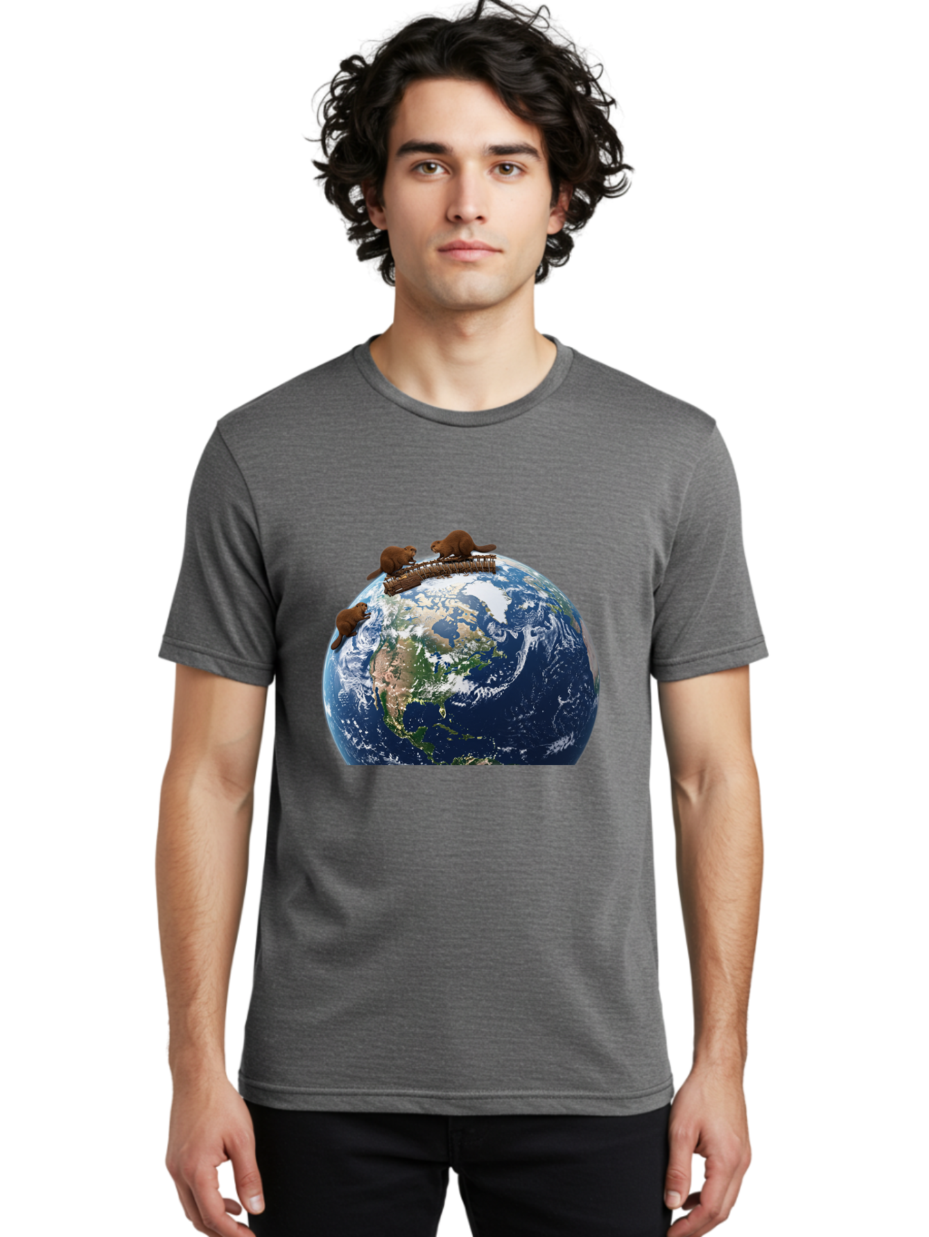 Beavers-On-Globe Men'S Graphic Tee, 100% Cotton, Comfortable Casual Summer Wear, Machine Washable, Beavers Building Dam On Top Of The Earth, Global Unity, Wildlife Conservation, Environmental Protection, Teamwork, Creative Beavers, Beaver Dam Baa157