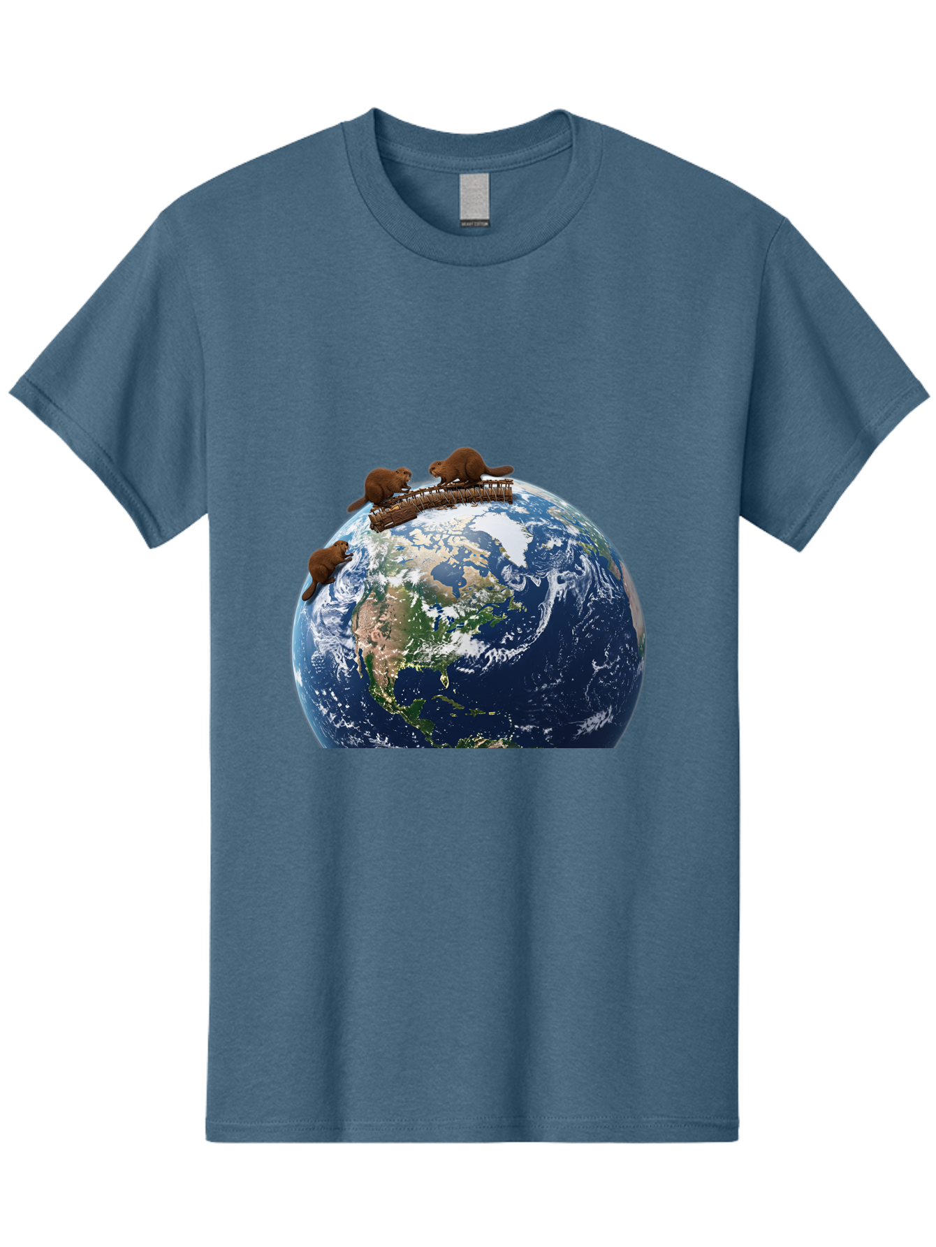 Beavers-On-Globe Men'S Graphic Tee, 100% Cotton, Comfortable Casual Summer Wear, Machine Washable, Beavers Building Dam On Top Of The Earth, Global Unity, Wildlife Conservation, Environmental Protection, Teamwork, Creative Beavers, Beaver Dam Baa157