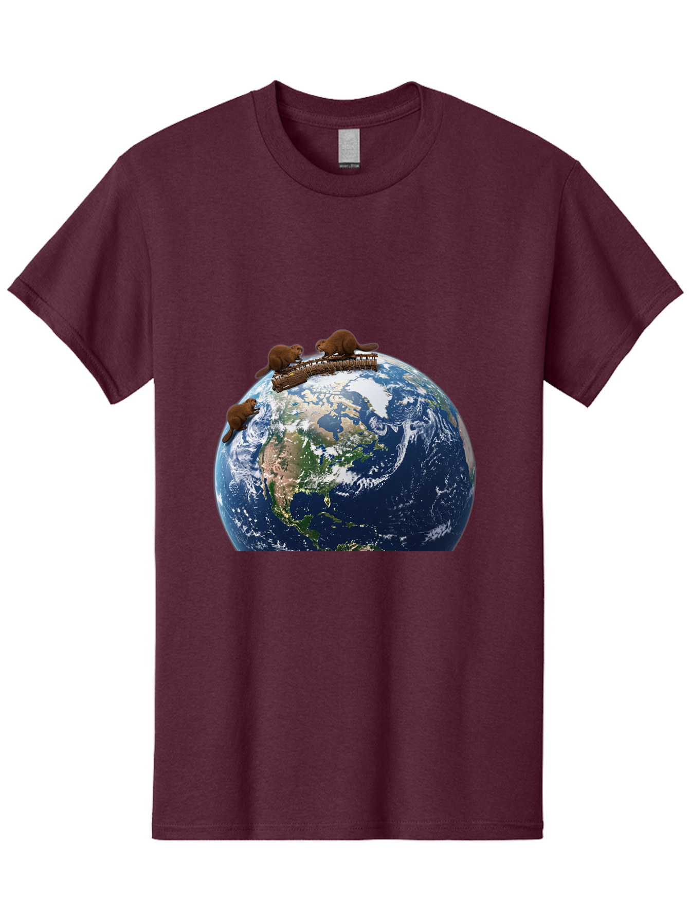 Beavers-On-Globe Men'S Graphic Tee, 100% Cotton, Comfortable Casual Summer Wear, Machine Washable, Beavers Building Dam On Top Of The Earth, Global Unity, Wildlife Conservation, Environmental Protection, Teamwork, Creative Beavers, Beaver Dam Baa157