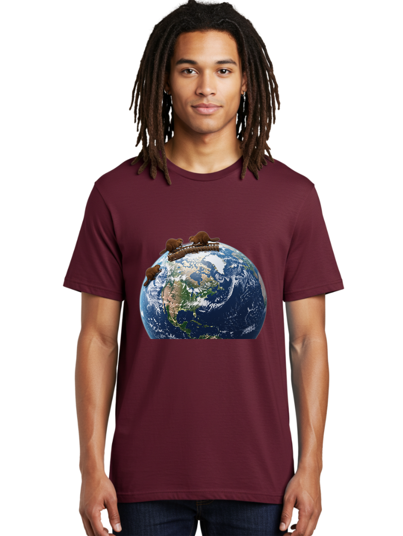 Beavers-On-Globe Men'S Graphic Tee, 100% Cotton, Comfortable Casual Summer Wear, Machine Washable, Beavers Building Dam On Top Of The Earth, Global Unity, Wildlife Conservation, Environmental Protection, Teamwork, Creative Beavers, Beaver Dam Baa157