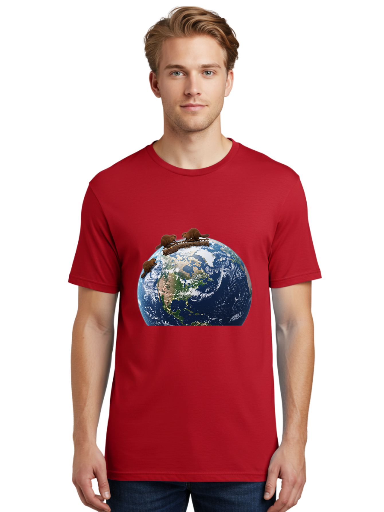 Beavers-On-Globe Men'S Graphic Tee, 100% Cotton, Comfortable Casual Summer Wear, Machine Washable, Beavers Building Dam On Top Of The Earth, Global Unity, Wildlife Conservation, Environmental Protection, Teamwork, Creative Beavers, Beaver Dam Baa157