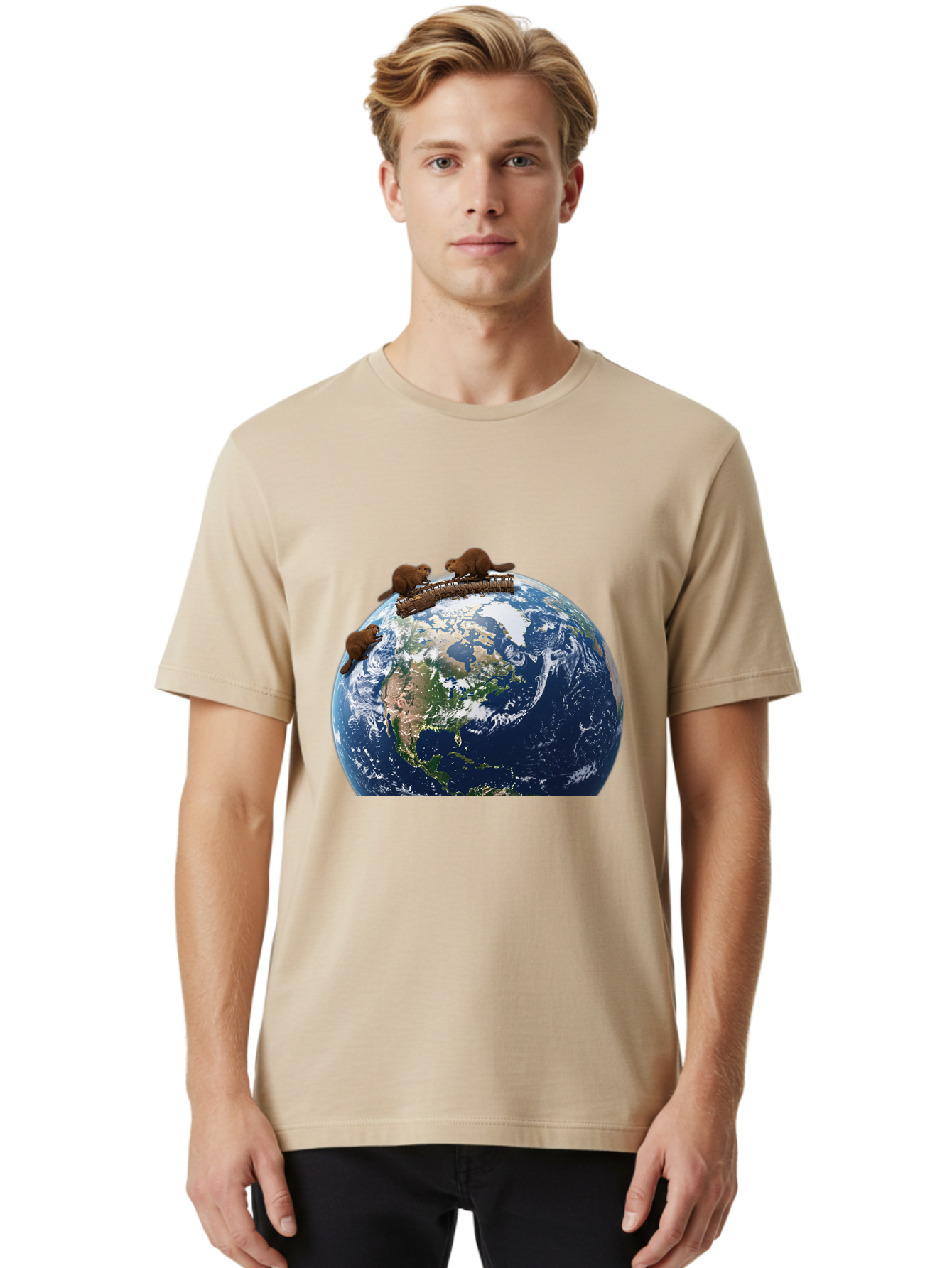 Beavers-On-Globe Men'S Graphic Tee, 100% Cotton, Comfortable Casual Summer Wear, Machine Washable, Beavers Building Dam On Top Of The Earth, Global Unity, Wildlife Conservation, Environmental Protection, Teamwork, Creative Beavers, Beaver Dam Baa157